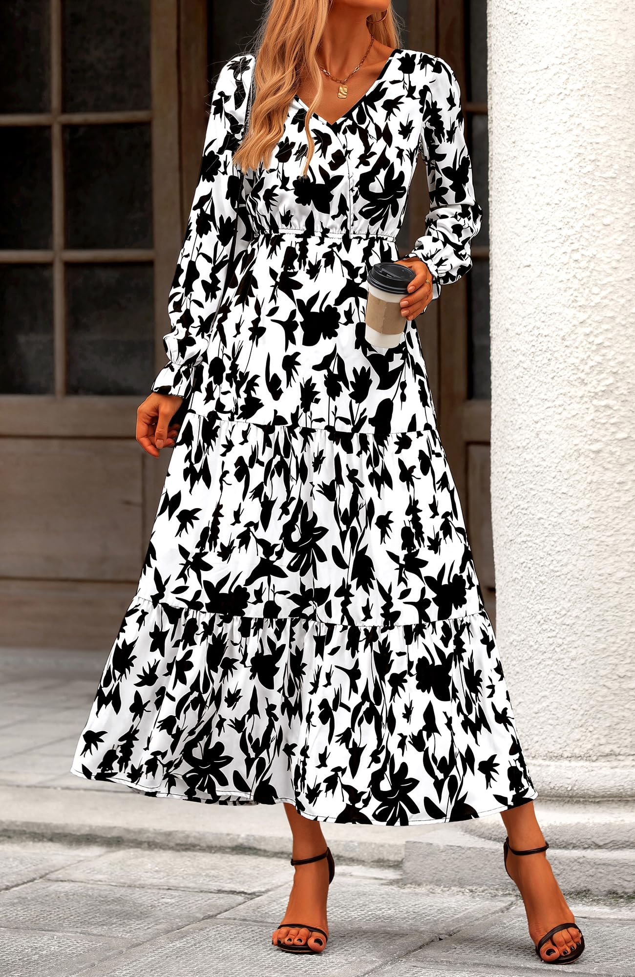 BTFBM Women's Floral Boho Maxi Dress 2025 - Long Sleeve V-Neck Casual Spring Dress for Wedding Guest, Beach Vacation & Date Night