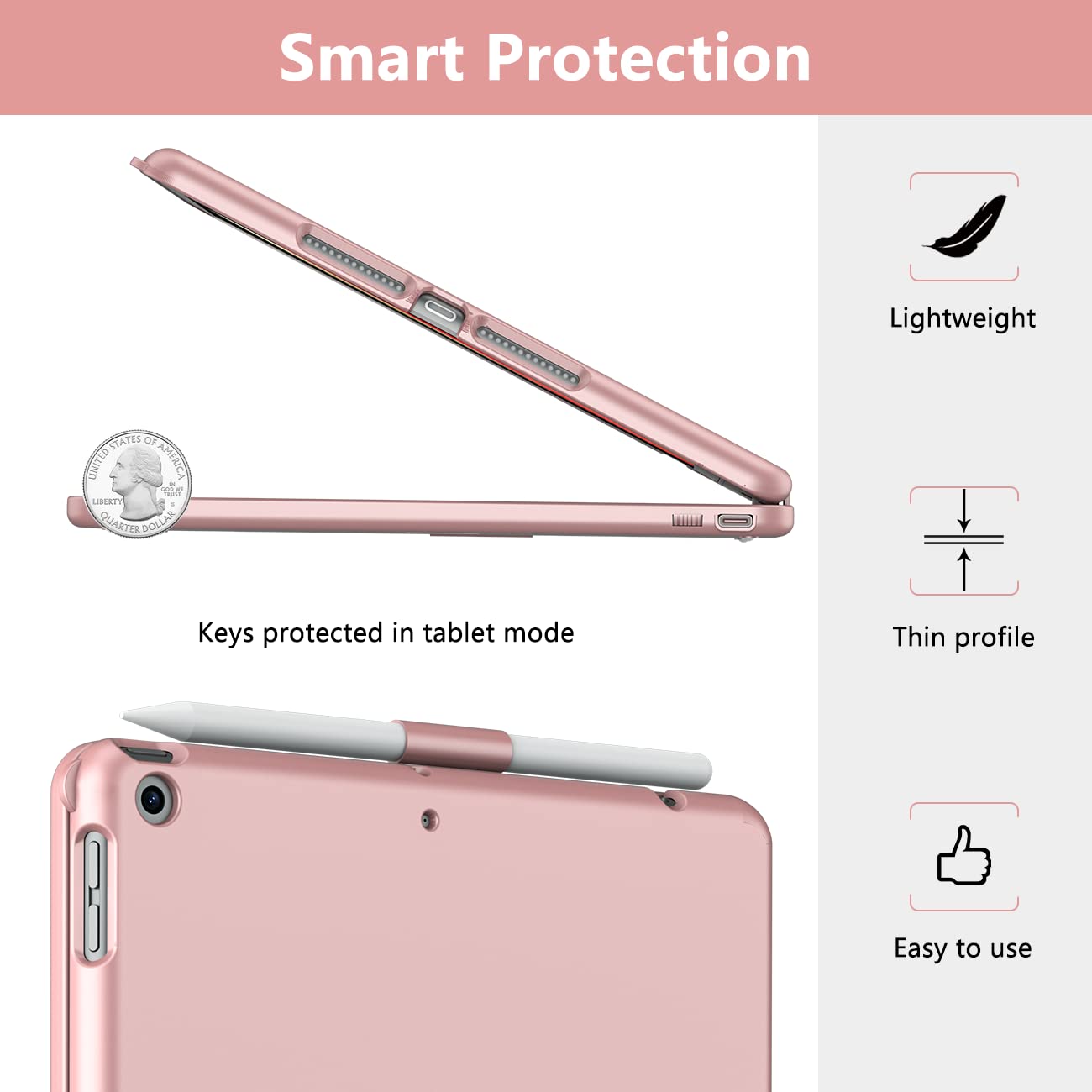 TQQ Touch iPad 9th Generation Keyboard Case (10.2 Inch 2021 Model) - Multi-Touch Trackpad, 360° Rotating Protective Cover with Apple Pencil Holder for iPad 9th/8th/7th Gen - Rose Gold | Perfect for Work, Study & Travel