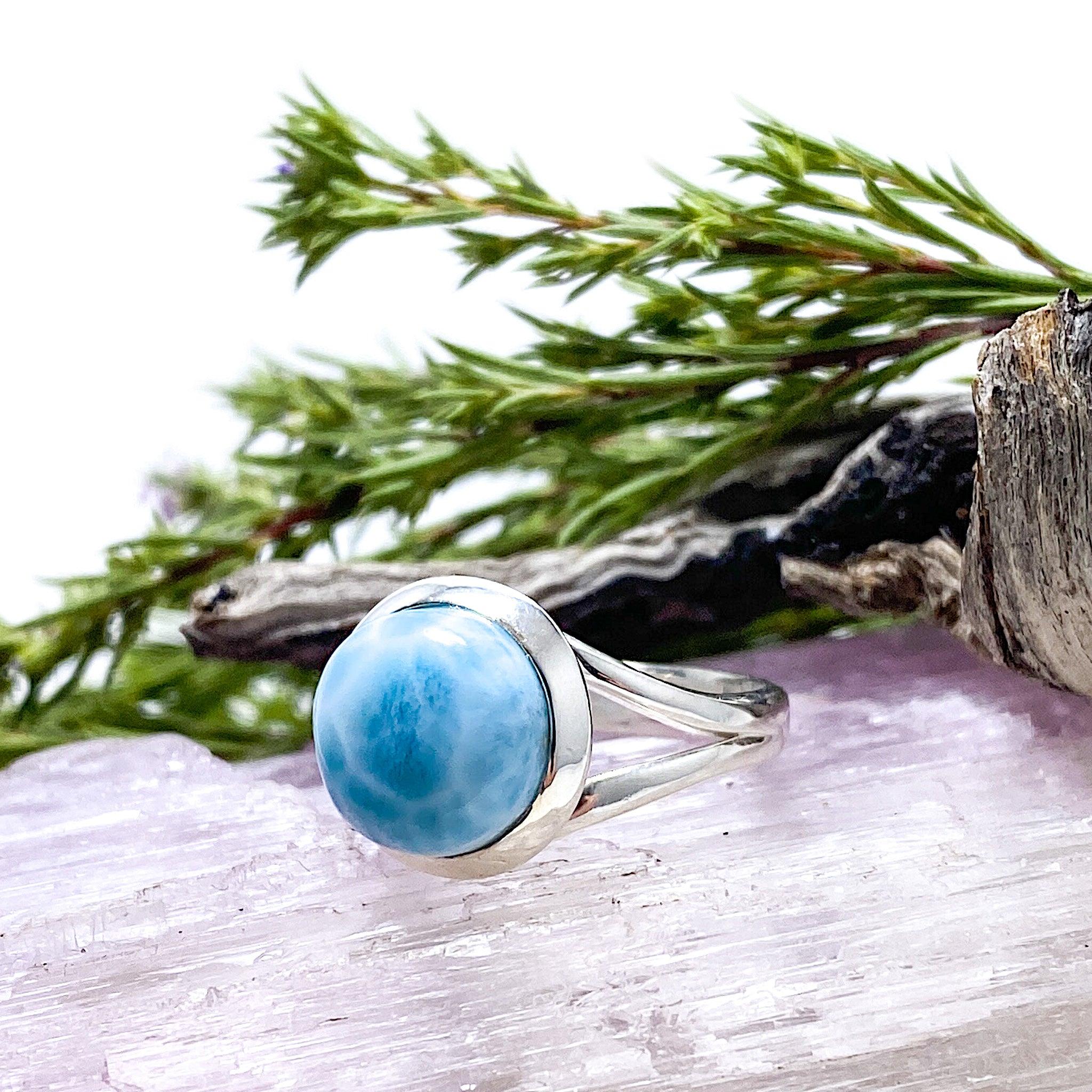 Larimar Round Ring Size 8 - Genuine Blue Stone Jewelry for Women, Handmade Sterling Silver Band - Perfect for Gifts, Weddings & Everyday Wear