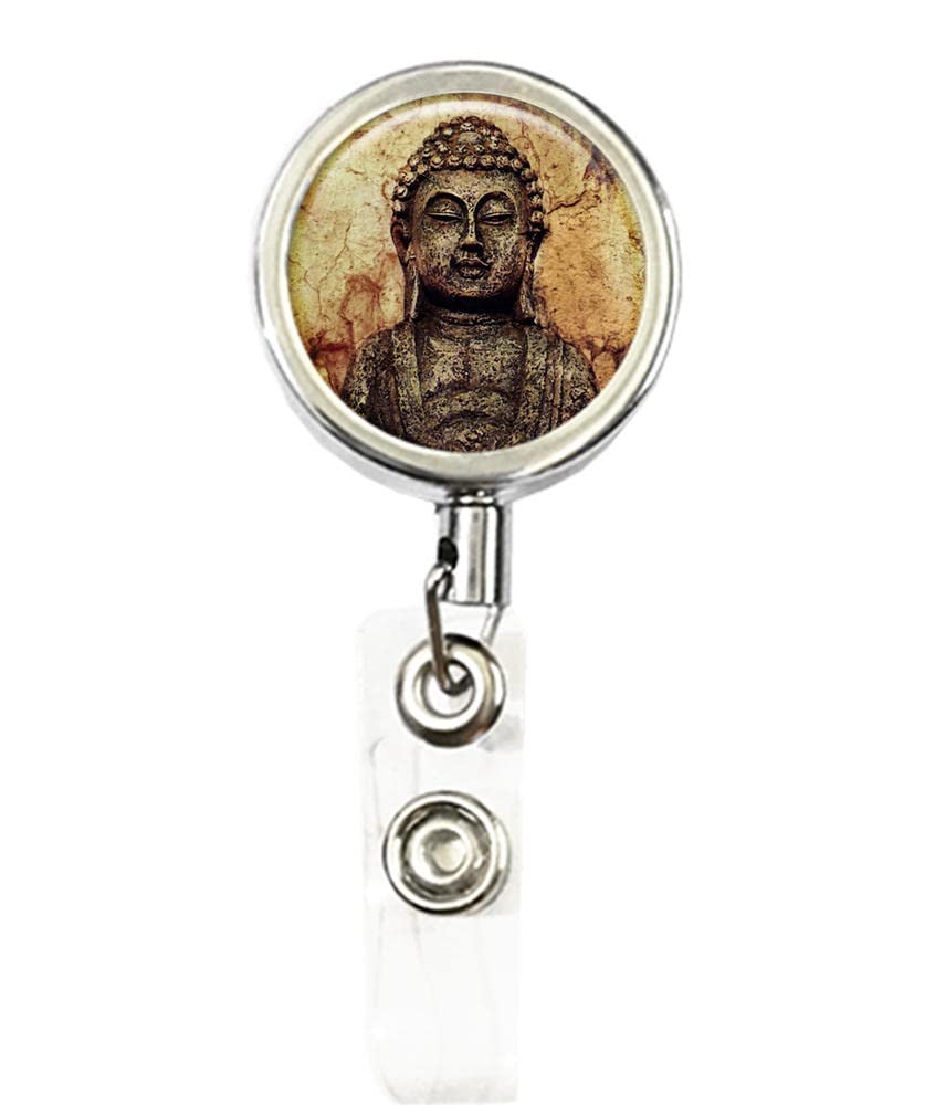 RhyNSky Retractable Badge Holder Reel with Belt Clip - Silvery Tibetan Buddha Business ID Card Name Tag (C1481) - Perfect for Office, Conferences, and Security Professionals