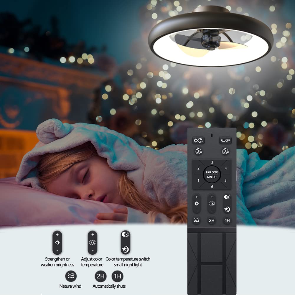 Dimmable LED Ceiling Fan with Lights - 5 Invisible Reversible Blades, Remote Control & Timer - Semi Flush Mount Low Profile (18.9 Inches, Black) - Perfect for Bedroom, Living Room & Office