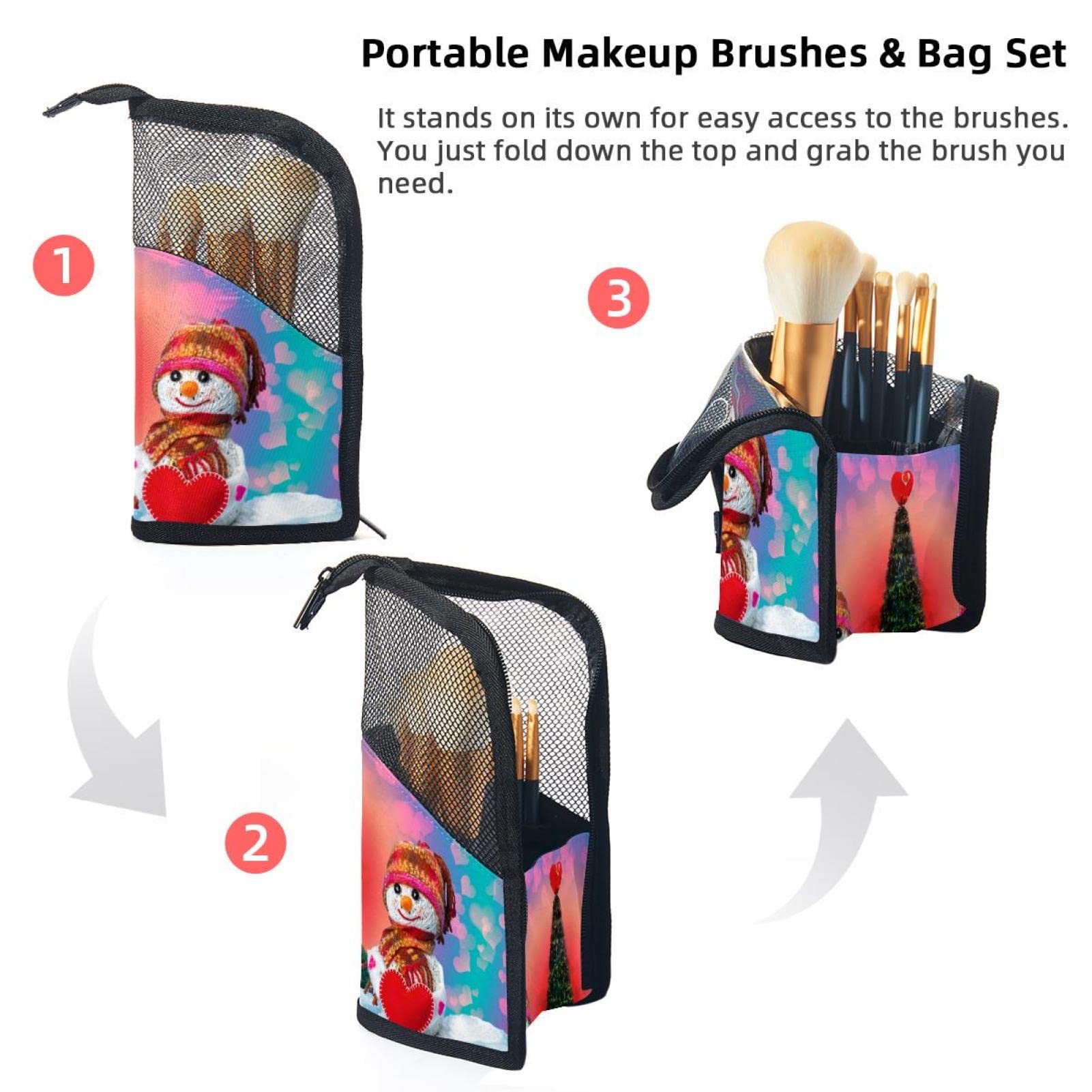 **12-Piece Makeup Brush Organizer Bag with Christmas Tree & Snowman Design - Portable Travel Cosmetic Brush Holder Case for Professional Makeup Artists & Beauty Enthusiasts**