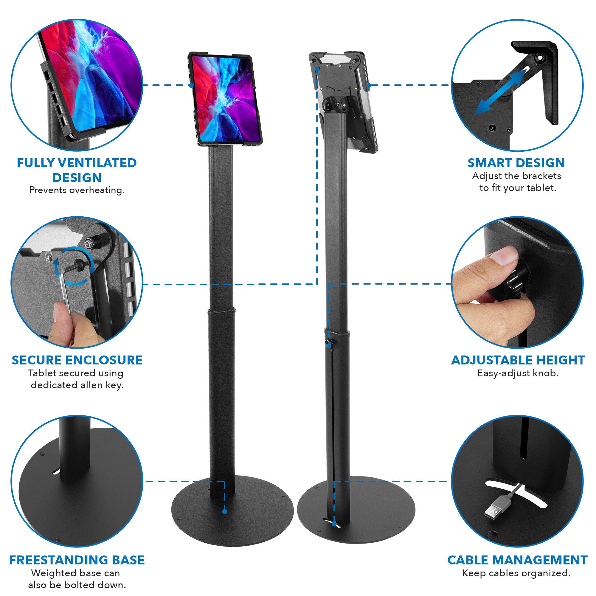 Mount-It! Universal Anti-Theft Tablet Kiosk Stand for iPad Pro, Galaxy Tab, Surface Pro (9.7-13 Inch) - Adjustable Floor Stand with Secure Locking Mechanism | Perfect for Retail Stores, Trade Shows, POS Systems, Museums & Public Spaces - Durable Commercial Display Solution