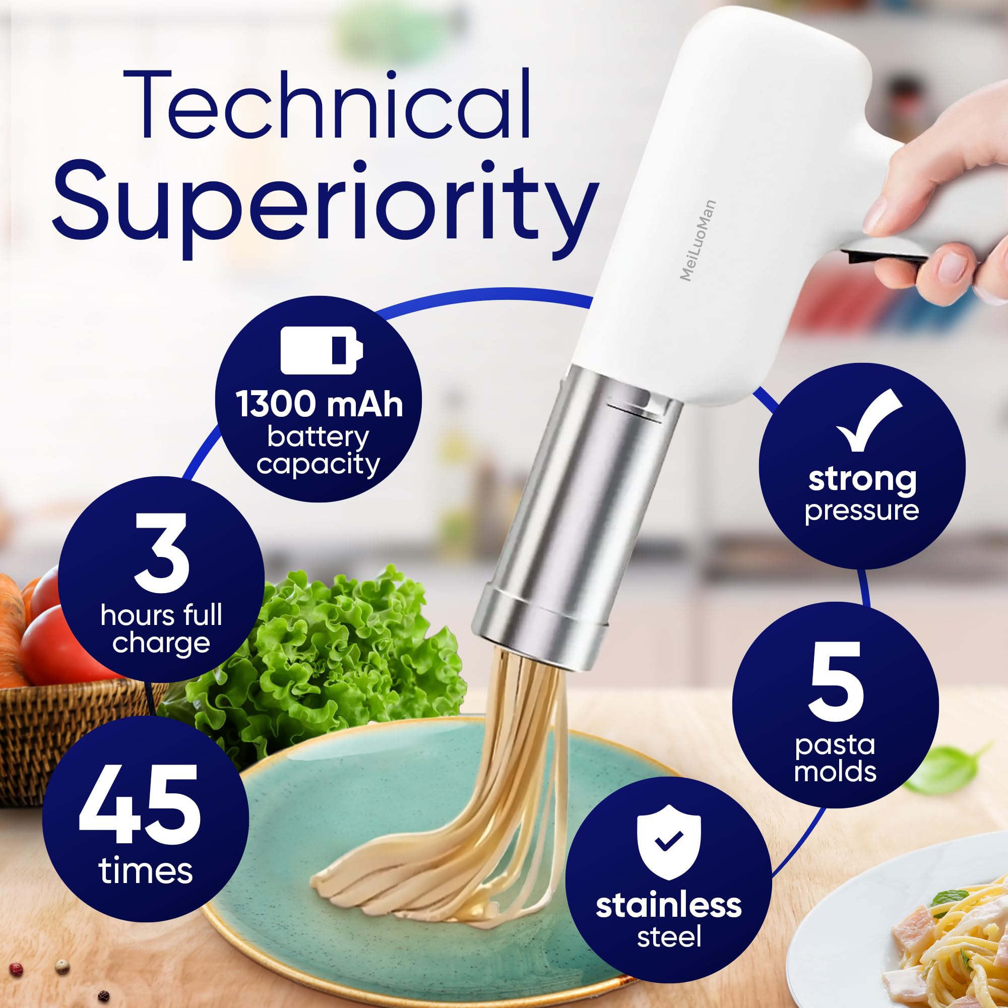 Electric Pasta Maker Machine - 8-in-1 Handheld Pasta Roller & Noodle Press for Homemade Spaghetti, Ramen, Lasagna | Cordless, Portable & Automatic | Perfect for Home Kitchens, Italian Restaurants & Cooking Enthusiasts