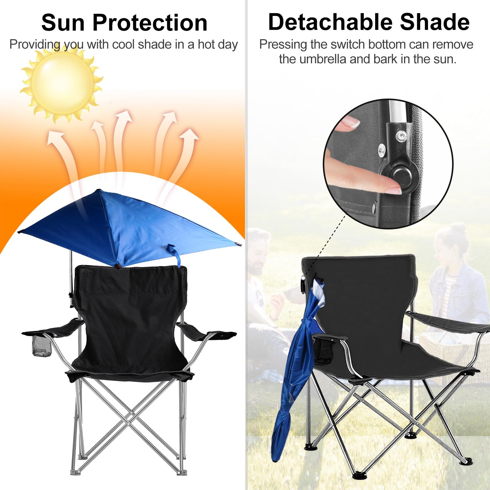UPF 50+ Adjustable Beach Chair with Sun Umbrella - Portable Folding Outdoor Recliner for Adults, Camping, Hiking & Beach - Includes Cup Holder & Carry Bag - Supports 350 lbs (US Stock) - Perfect for Relaxing at the Shore, Poolside Lounging & Outdoor Adventures