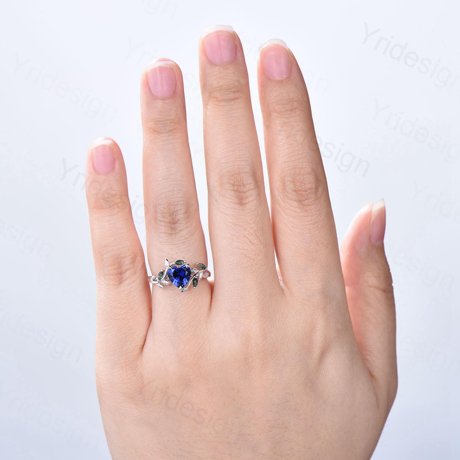 Nature Inspired Heart Shaped Blue Sapphire Engagement Ring with Marquise Moss Agate Twig - Unique Wedding & Anniversary Promise Ring Gift for Her - Perfect for Proposals, Romantic Occasions & Special Celebrations