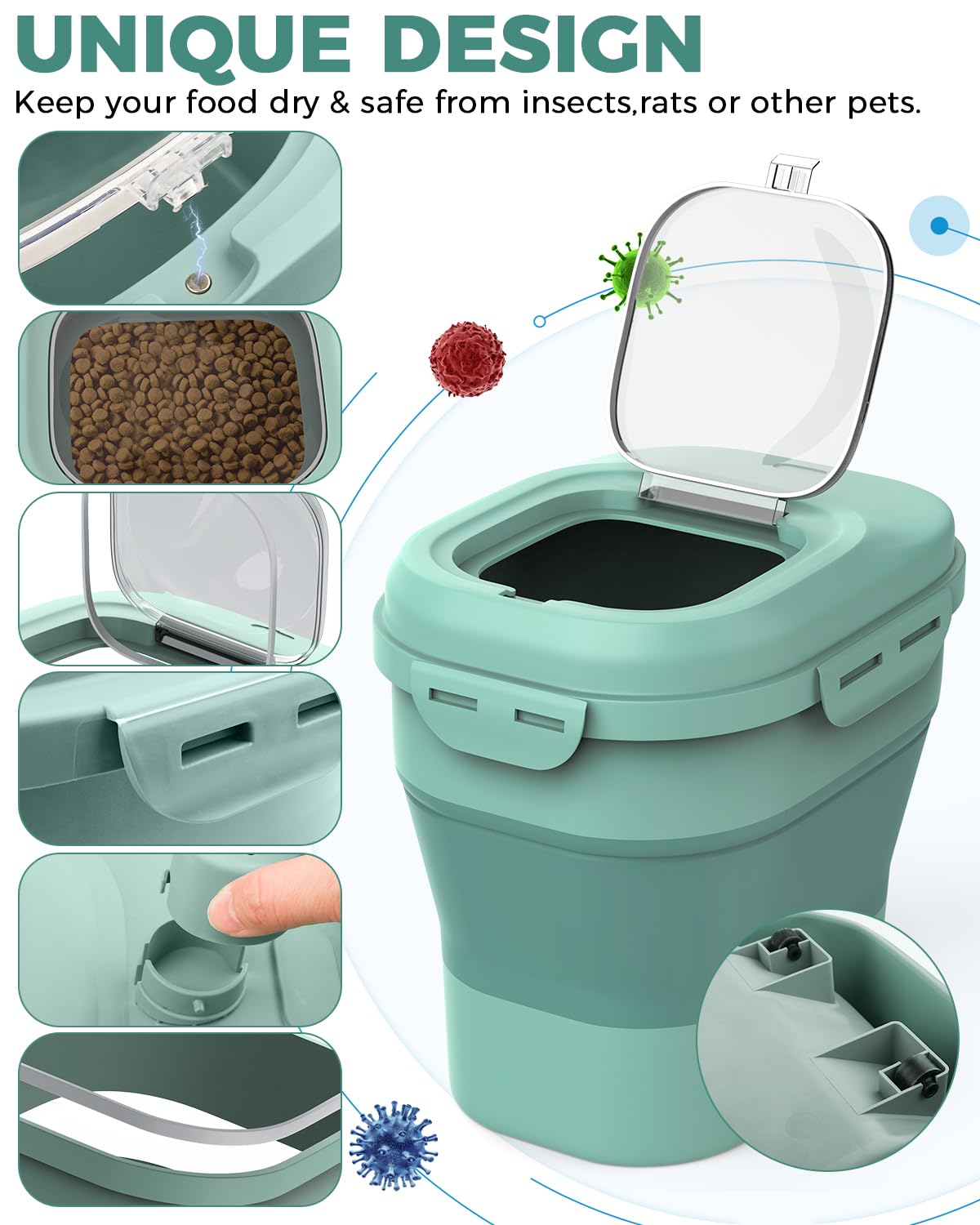 Collapsible Food Storage Containers 20-50 Lbs - Airtight Cereal & Rice Dispenser with Rolling Wheels, Locking Lid & Measuring Cup - Perfect for Flour, Sugar, Pet Food & Bulk Dry Goods Storage - Ideal for Kitchen Pantry Organization & Space Saving