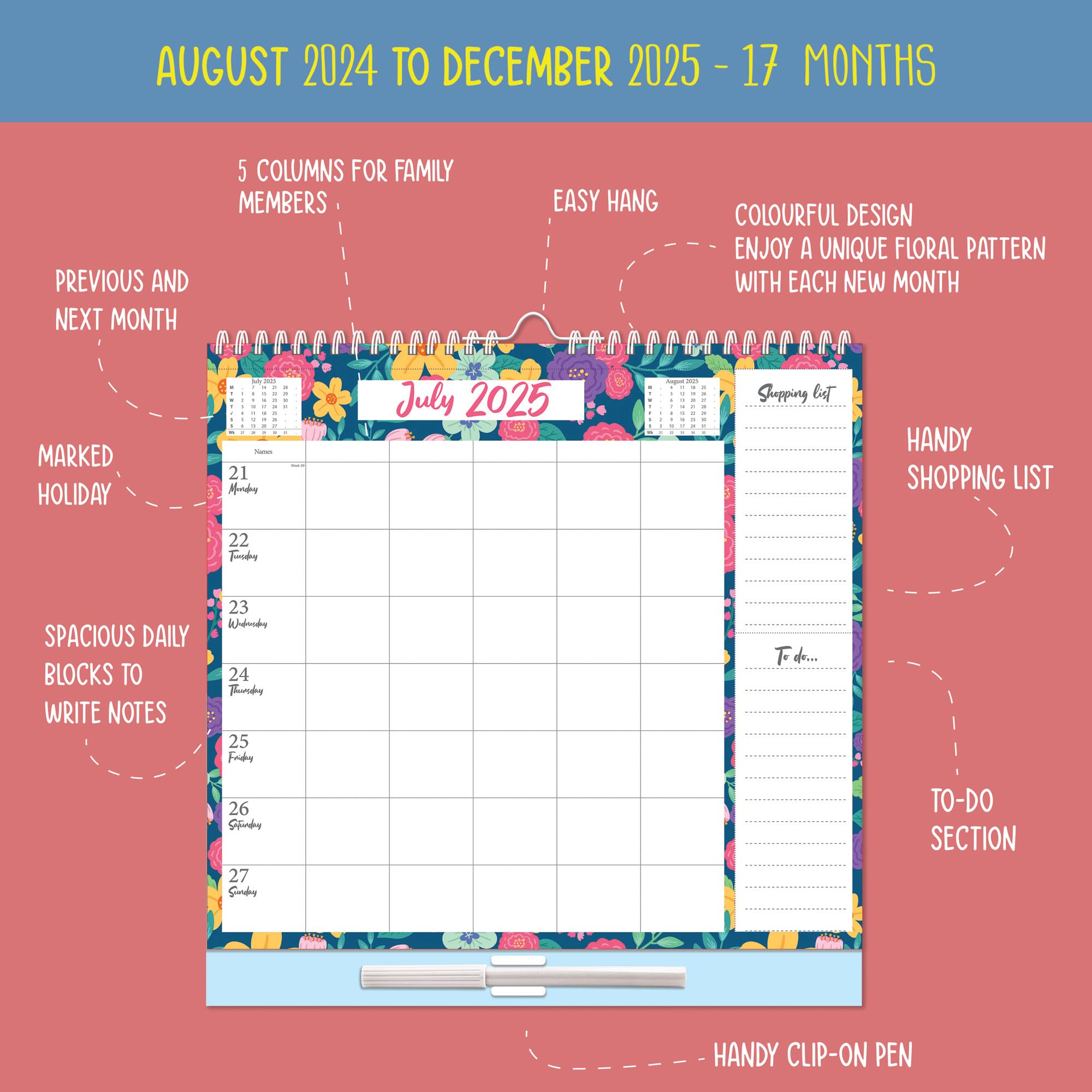 2024-2025 Large Family Wall Planner - 17 Month Weekly Calendar with 5 Columns, Memo Pad, Shopping List & Stickers (Aug 2024-Dec 2025) | Perfect for Home Organization, School Schedules & Office Planning