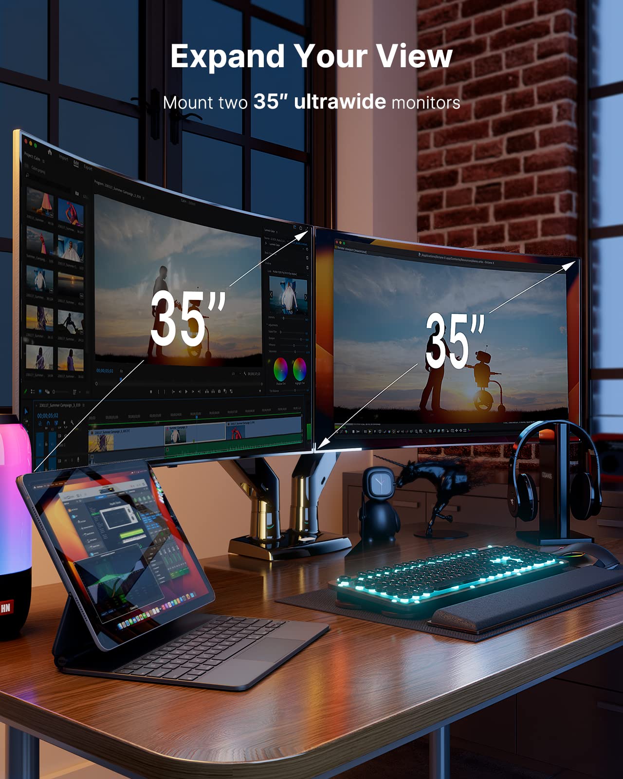 HUANUO Dual Monitor Stand for 13 to 35 inch Screens - Heavy Duty Steel Monitor Mount with Reinforcement Plate for Thin, Glass & Fragile Desktops - Perfect for Home Office, Gaming Setup & Workspace Organization