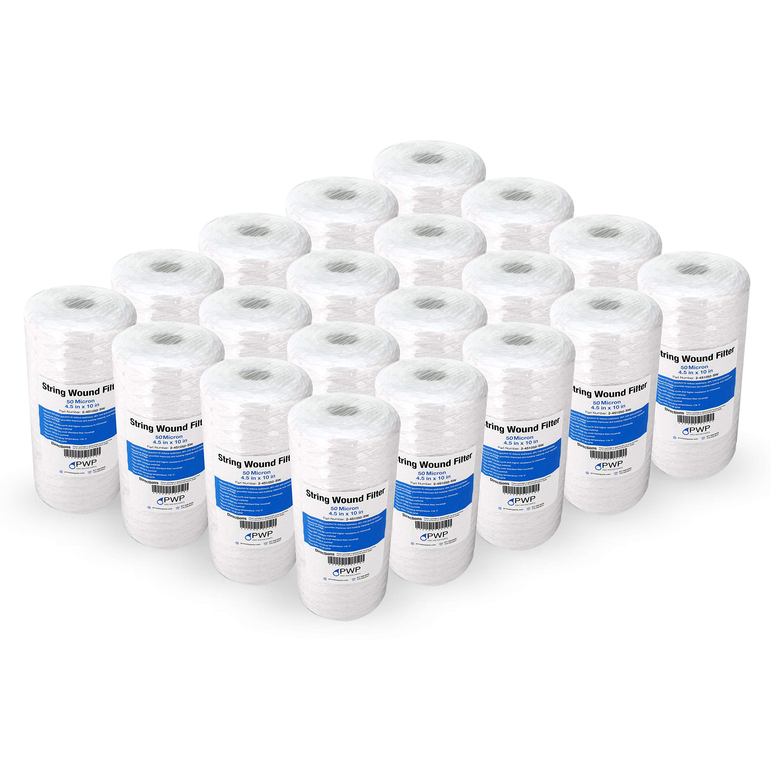 String Wound Sediment Water Filter Cartridges 10x4.5 Inch 50 Micron - 20 Pack for Whole House Filtration, Well Water & Industrial Use