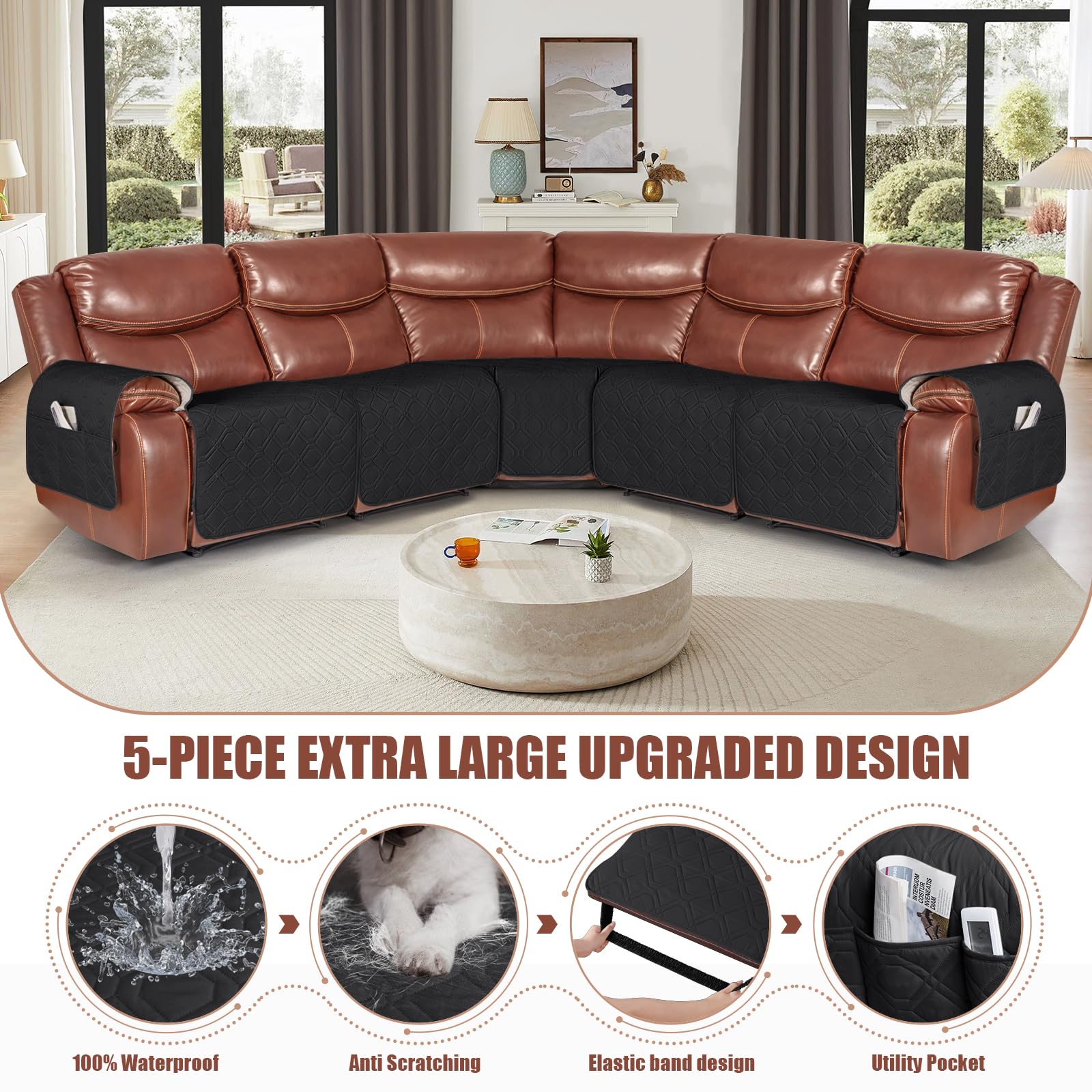 VANSOFY 5-Piece Extra Large Waterproof Reclining Sectional Sofa Cover - Washable L-Shape Couch Slipcover for Pets & Dogs (Black) | Perfect for Living Room, Family Room & Pet-Friendly Homes