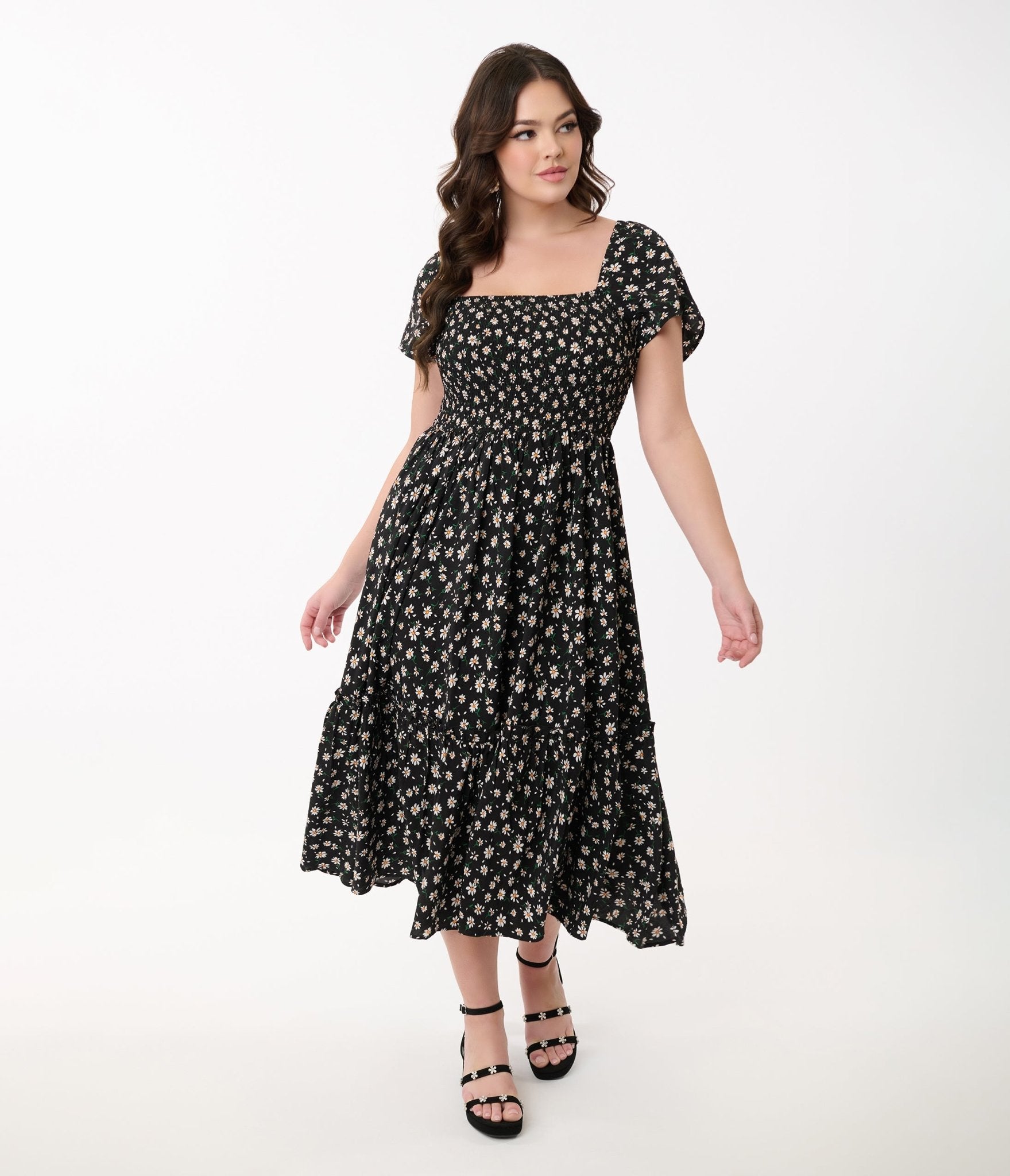 Vintage 1960s Black & White Floral Print Smocked Midi Dress - Retro Ditsy Floral Tea Dress for Women, Perfect for Cocktail Parties, Date Nights & Vintage-Themed Events