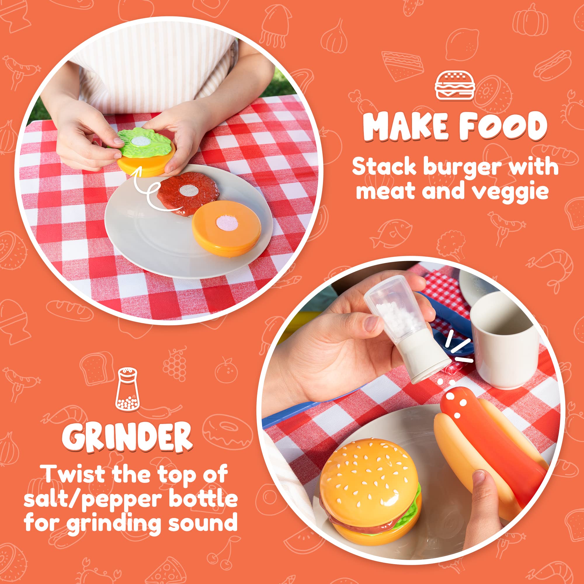 JOYIN 50-Piece Kids Plastic Play Food Toys Set - Pretend Kitchen & BBQ Grill Playset with 34 Cooking Accessories - Interactive Learning Toy for Little Chefs - Perfect for Role Play, Birthday Gifts & Preschool Education