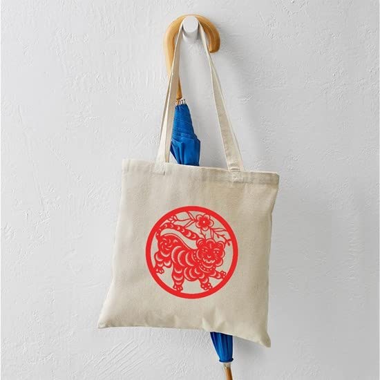 Year Of The Tiger Tote Bag - Natural Canvas Reusable Shopping Bag with Zodiac Design | Eco-Friendly Grocery & Beach Tote for Women & Men
