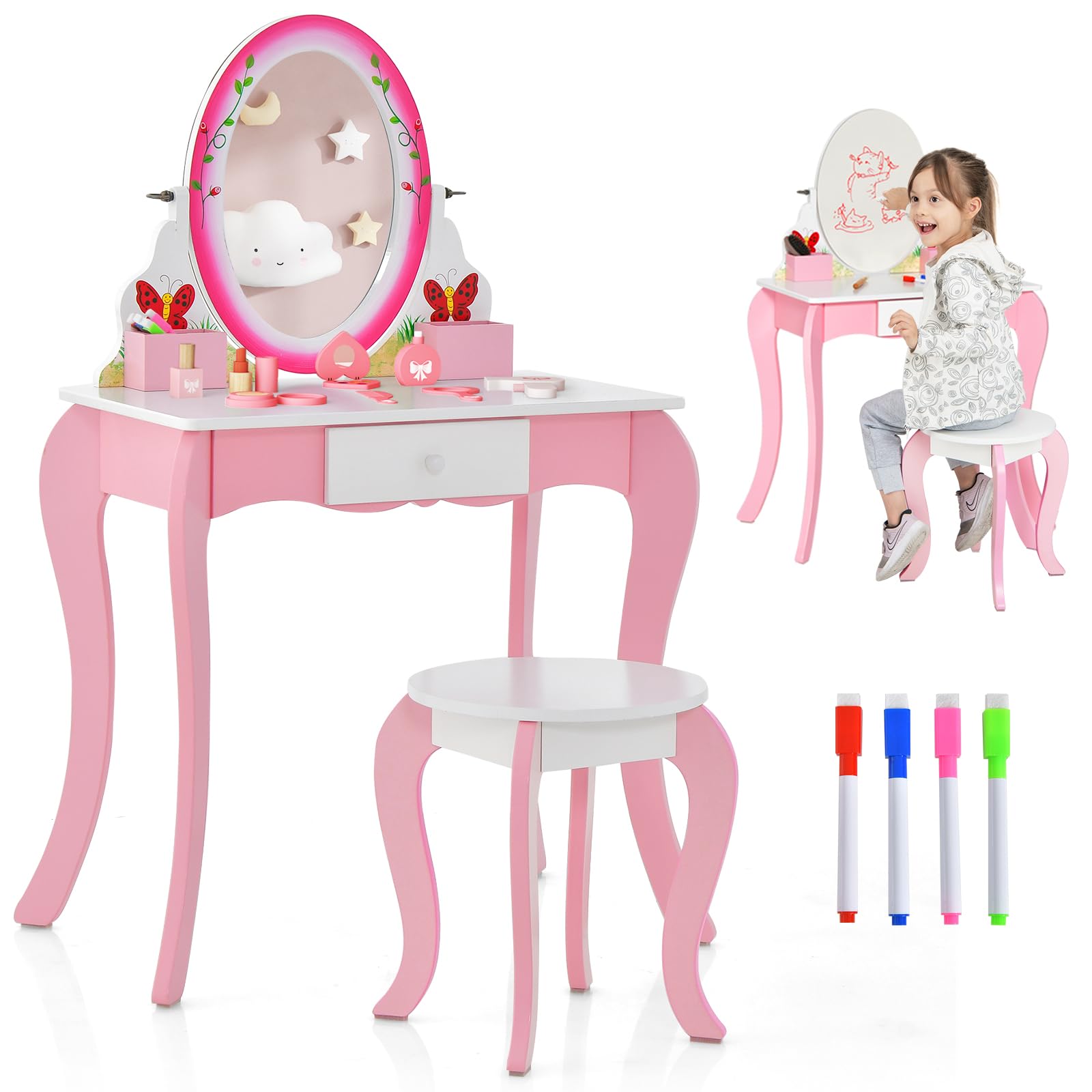 Costzon Kids Vanity Set with Mirror & Stool - 2-in-1 Toddler Makeup Dressing Table with Storage Drawers & Grids - Pretend Play Vanity Desk & Chair for Little Girls - Perfect for Bedroom Playroom & Birthday Gifts