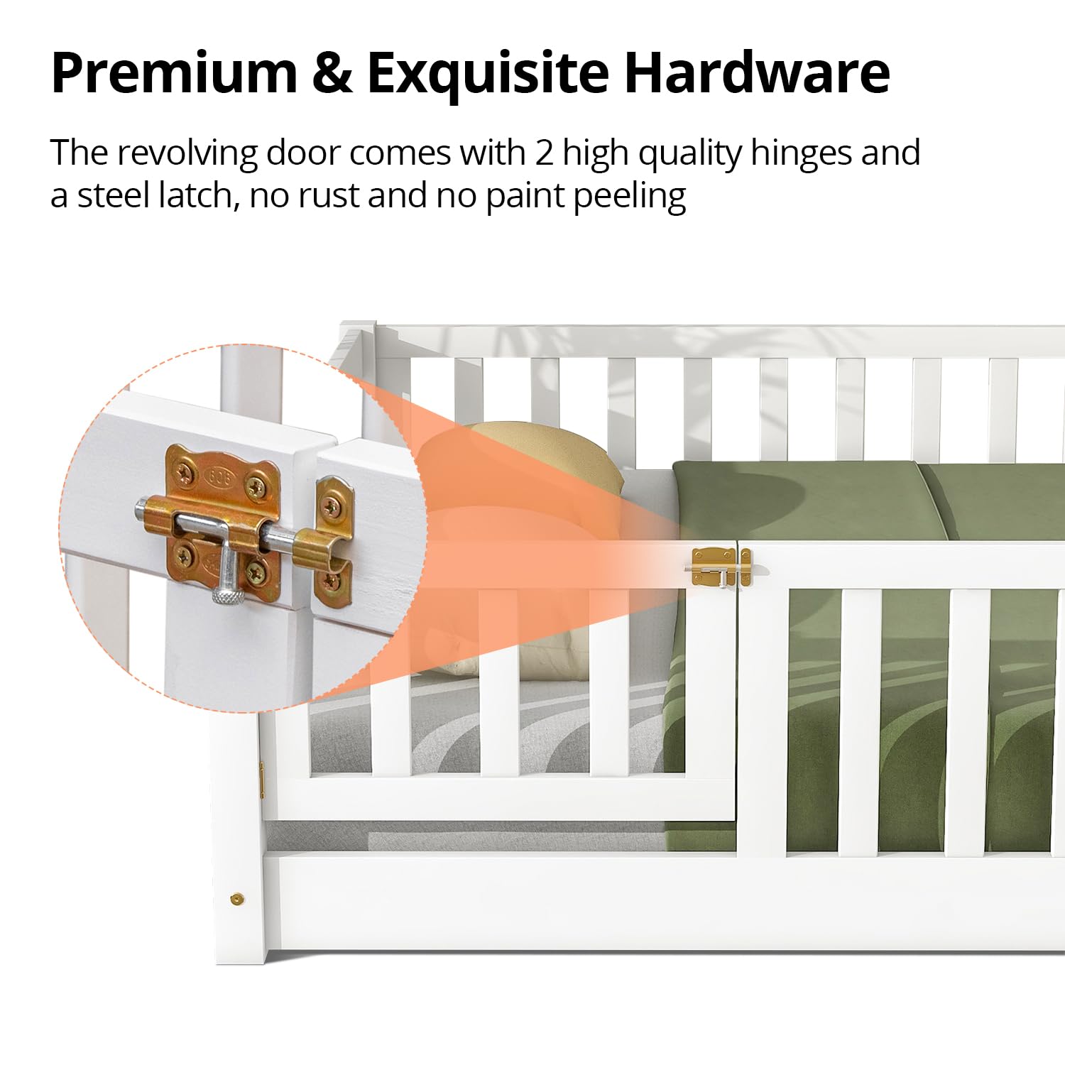 Montessori Floor Bed for Kids - Solid Wood Full Size Bed Frame with Safety Fence & Door, White Toddler Bed with Guardrails and Bed Slats | Perfect for Montessori Bedrooms, Daycare Centers & Safe Toddler Sleep Spaces