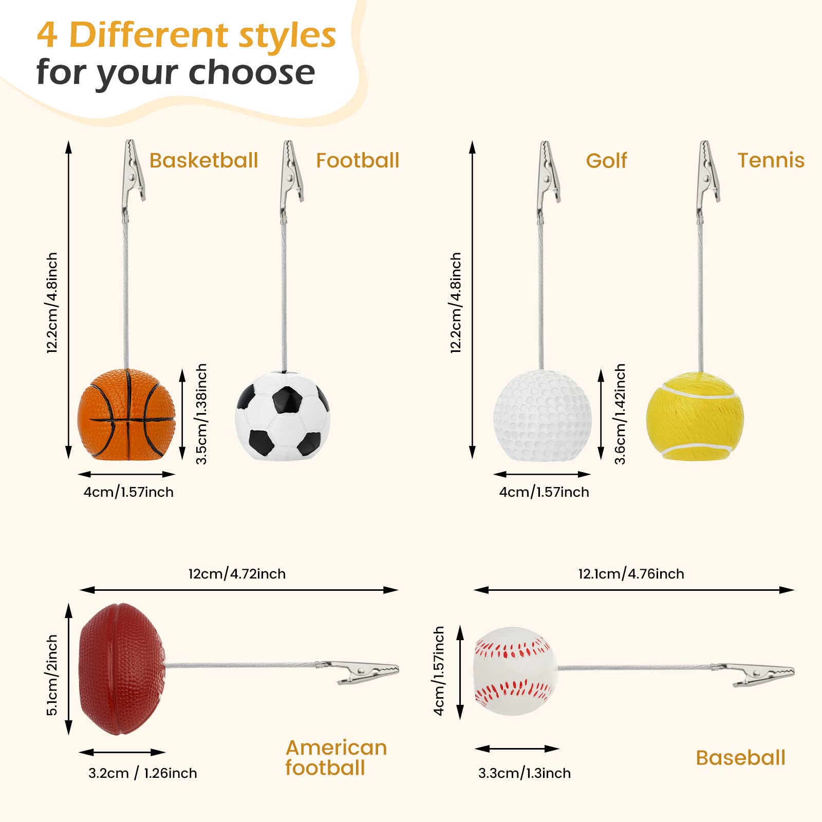 RONRONS 5 Pack Resin Ball Base Memo Clip Holder Stand - Alligator Clips for Notes, Pictures, Cards Display - Tennis Themed Office & Home Decor (Perfect for Bulletin Boards, Desks & Gift Wrapping)