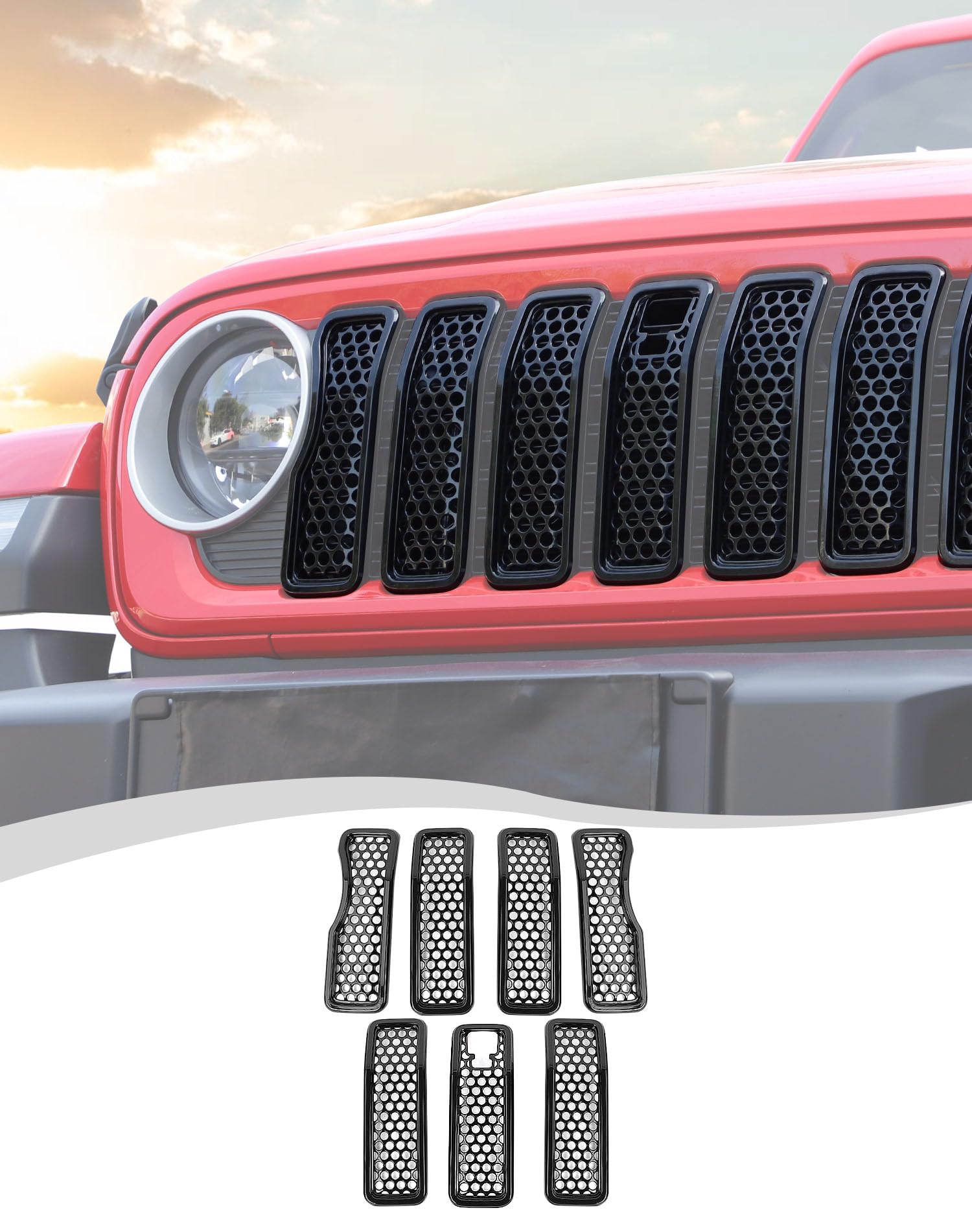 Hoolcar Black Front Grill Insert Cover Trim Kit - Honeycomb Grille Guard with Camera Hole for 2024 Jeep Wrangler JL & JLU (7-Piece Set) | Exterior Accessories for Off-Road Protection & Style Upgrade