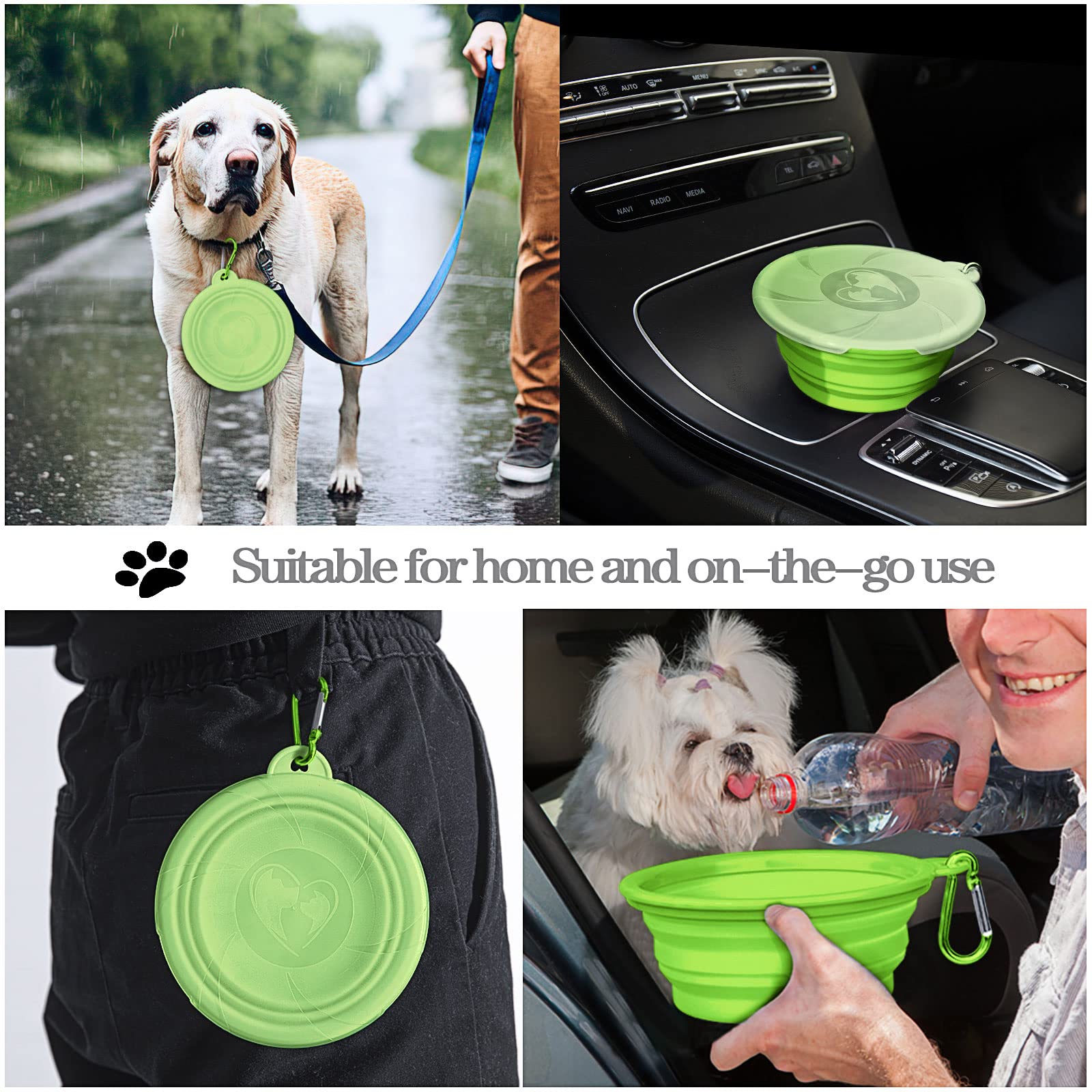 Collapsible Dog Bowl - Portable Silicone Pet Food & Water Dish with Lid & Carabiner for Dogs & Cats, 15oz Travel-Friendly Collapsible Bowl for Hiking, Camping, Travel - Perfect for Outdoor Adventures & Daily Walks (Green)