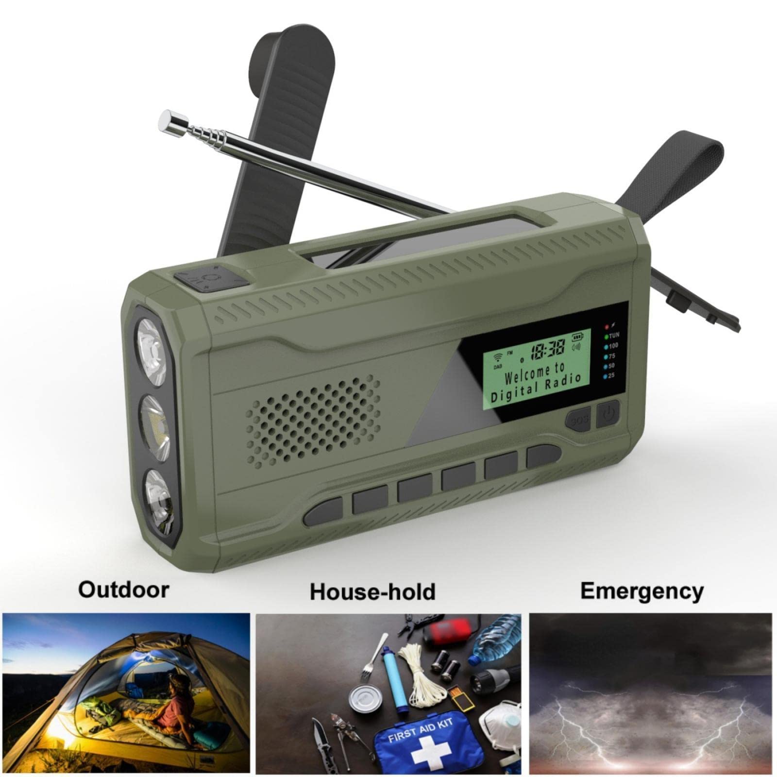 Portable Digital AM/FM/DAB Emergency Radio with Solar Power, Hand Crank & USB Rechargeable - Weather Alert, Flashlight & Headphone Jack - Perfect for Outdoor Camping, Hiking & Emergency Preparedness (Green)