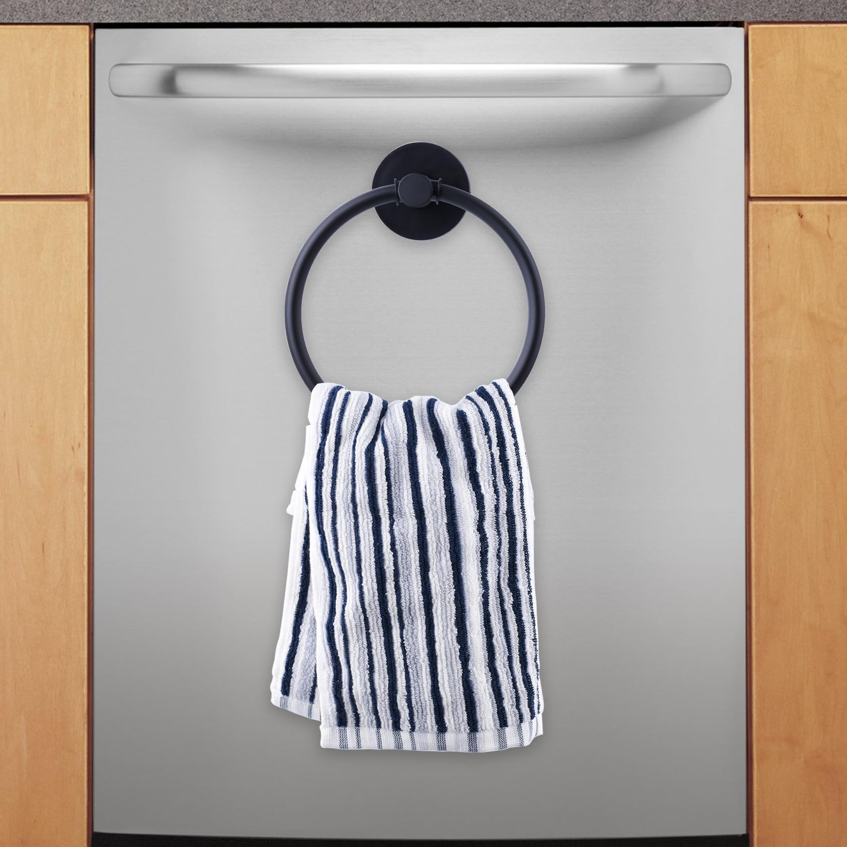 Black Magnetic Towel Ring - Strong Hand Towel Holder & Hook for Kitchen, Refrigerator, Oven, Dishwasher & Laundry | Perfect for Drying Towels Near Sink, Stove & Washing Machine