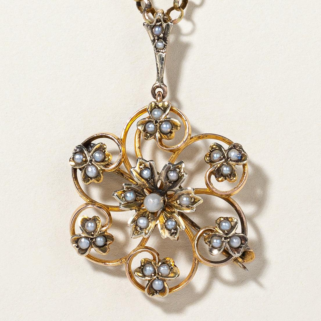 Antique Seed Pearl Pendant & Brooch Necklace - 18K Gold Vintage Jewelry for Women | Elegant Gift for Weddings, Anniversaries & Special Occasions