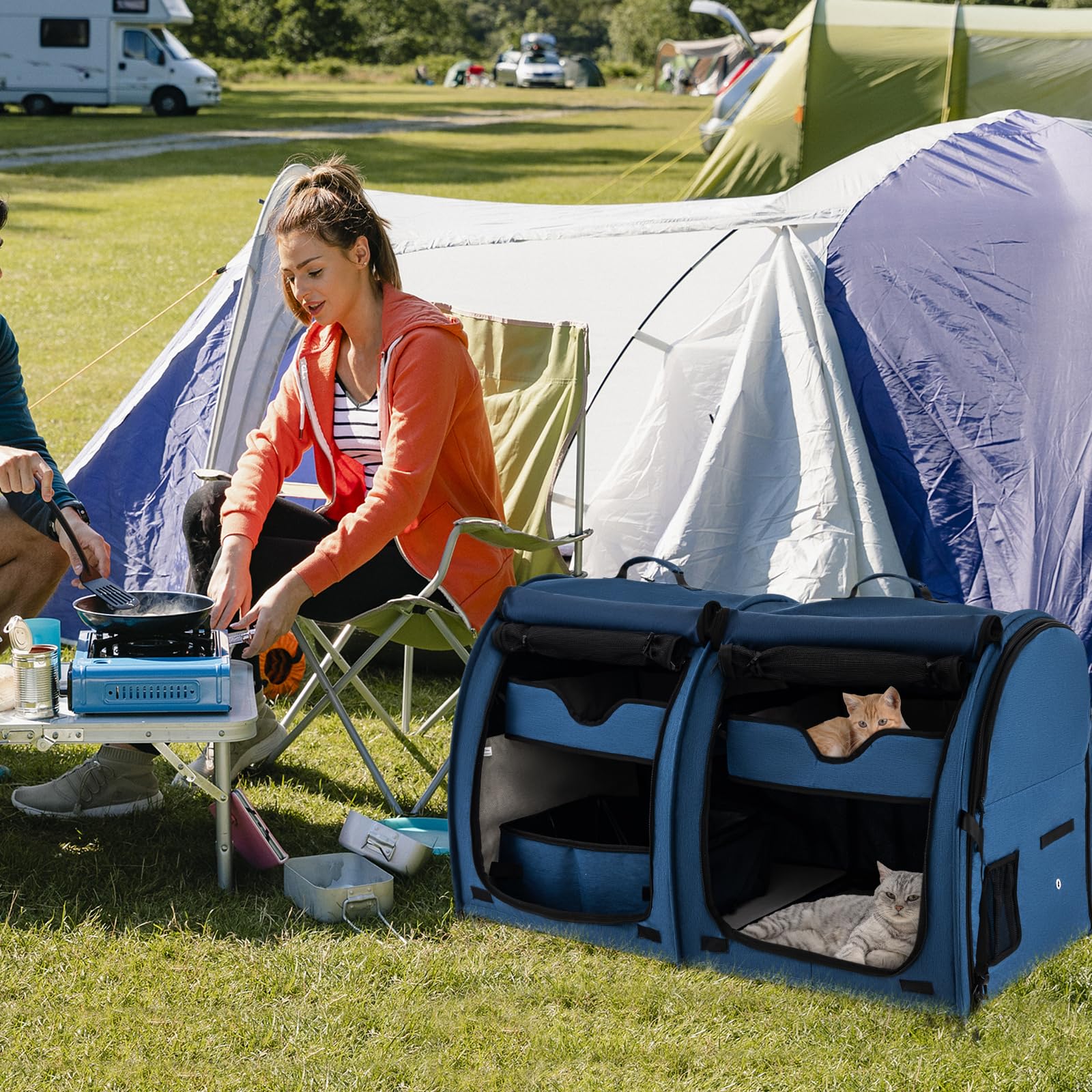 **40 Inch Large Cat Carrier with Double Compartments - Portable Soft-Sided Pet Kennel for Cats & Small Dogs - Includes 2 Removable Hammocks, Dual-Use Mats & Litter Box - Travel Carrier with Carry Bag & Ground Stakes (Navy Blue) - Perfect for Air Travel, Road Trips & Vet Visits**