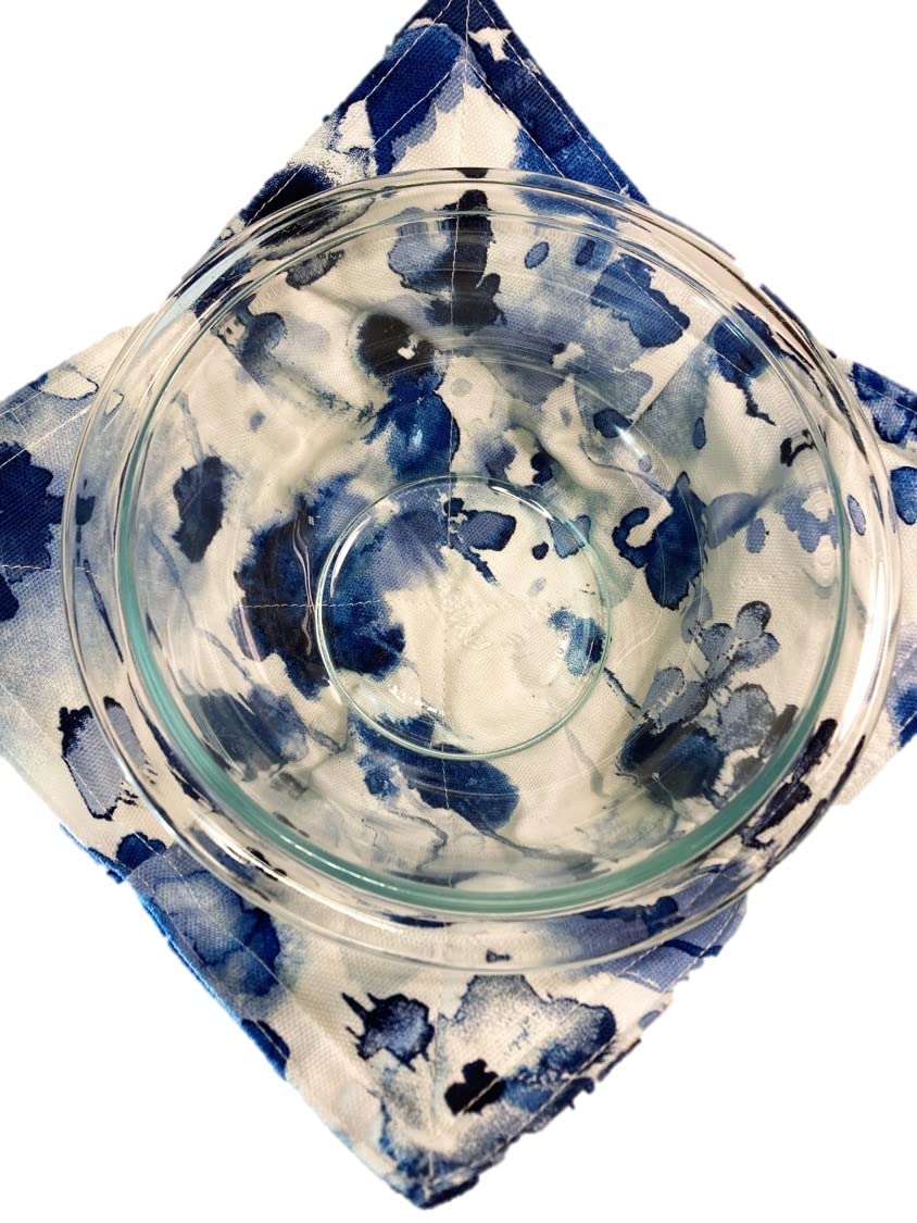 2-Pack Cotton Bowl Cozies - Microwave & Oven Safe Hot Pads for Bowls (8.5 Inches) - Watercolor Blue & White Design - Perfect for Serving Hot Soups, Stews, and Baking Dishes