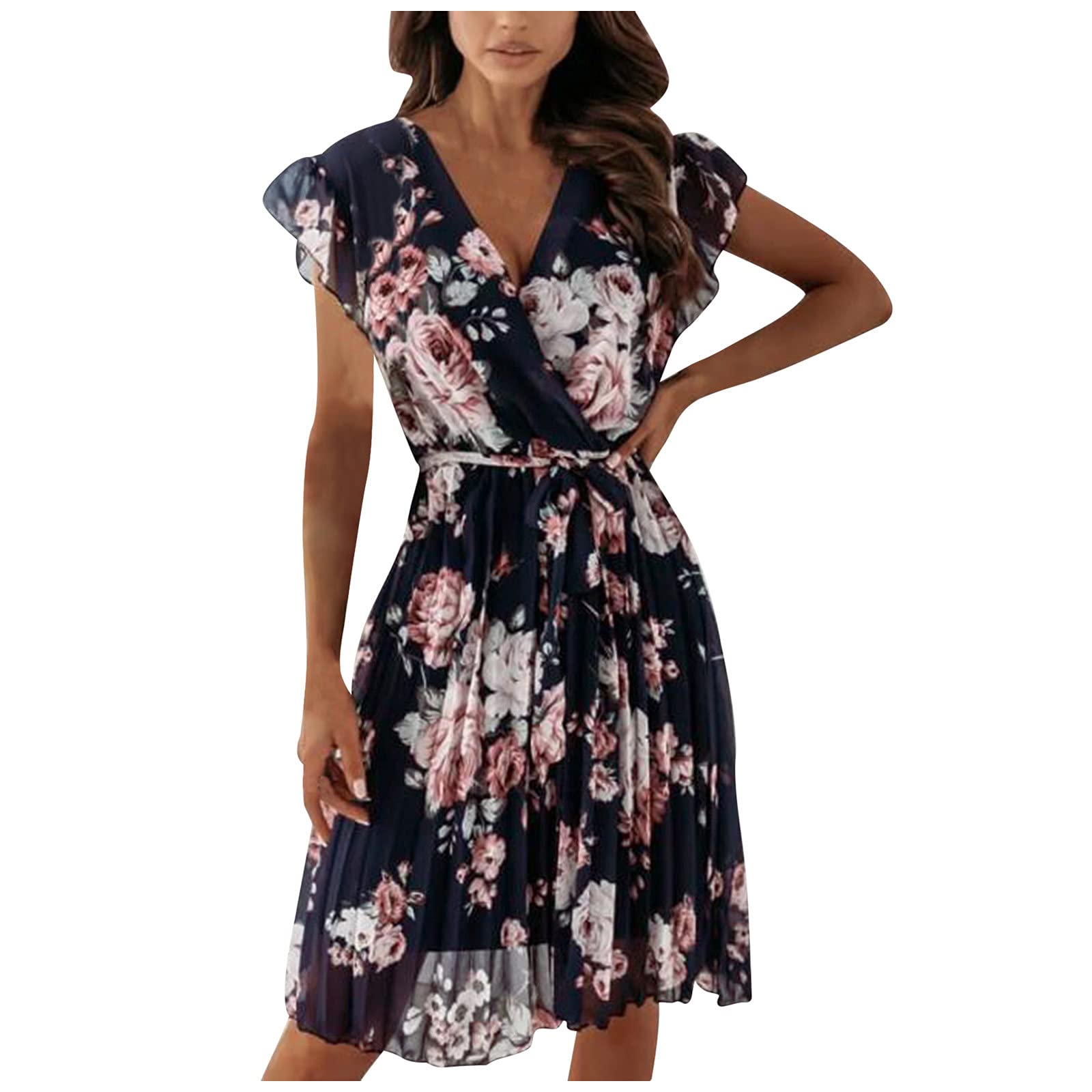 Women's Floral V-Neck Midi Sundress - Summer Beach Dress with Ruffles for Vacation & Outdoor Parties | Perfect for Beach Getaways, Poolside Lounging, and Summer Weddings