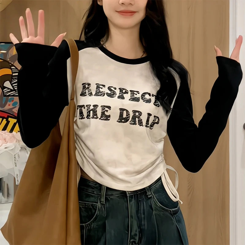 Sexy Slim Fit Women's T-Shirts - American Style Letter Print Drawstring Casual Blouse for Women | Fashion O-Neck Top for Daily Wear, Parties & Outings