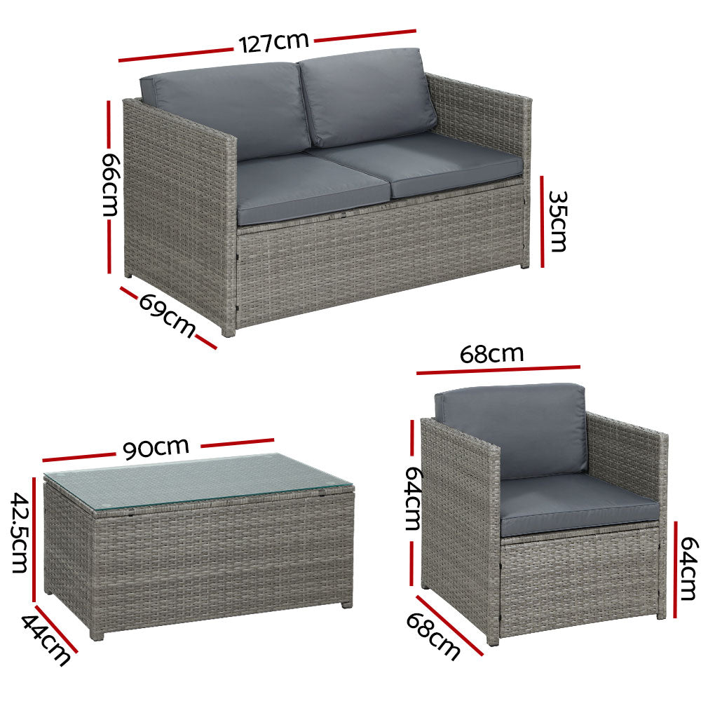 4 Piece Outdoor Patio Sofa Set - Waterproof Wicker Couch & Lounge Chairs with Grey Cushions - Perfect for Backyard, Garden, Poolside or Deck Relaxation