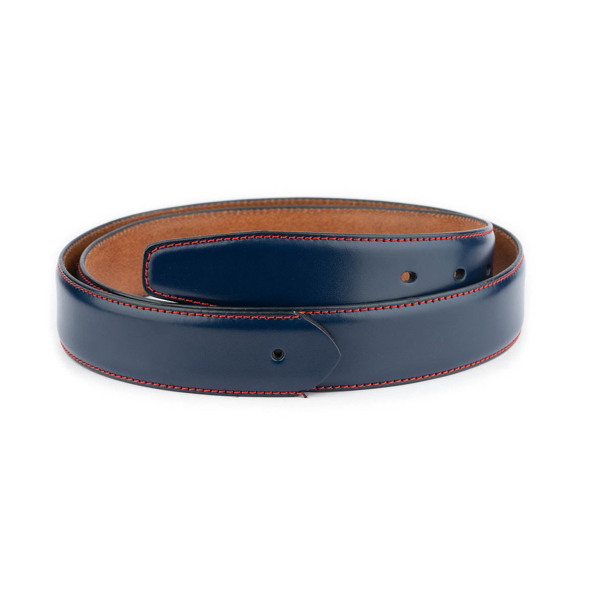 Dark Blue Leather Belt Strap with Red Stitching - Replacement Strap for Ferragamo Men's Buckle | Durable Dress Belt for Business & Formal Occasions