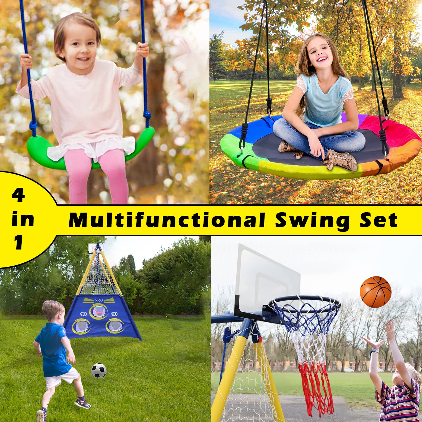440lbs Heavy Duty 2-Seat Outdoor Swing Set for Kids - A-Frame Metal Stand with Saucer Swing, Belt Swing, Basketball Hoop & Soccer Goal - Perfect for Backyard, Park & Playground Fun