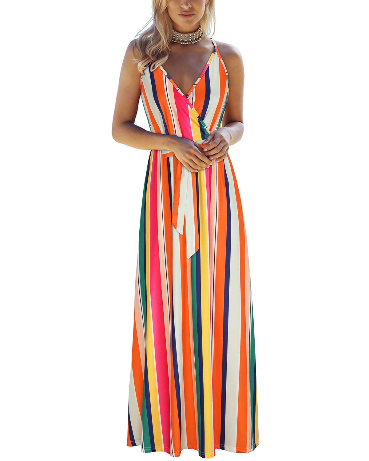 OUGES Women's Summer Maxi Dress - V Neck Floral Print Adjustable Spaghetti Strap Beach Dress with Pockets | Casual Sundress for Vacation, Pool Party & Outdoor Activities