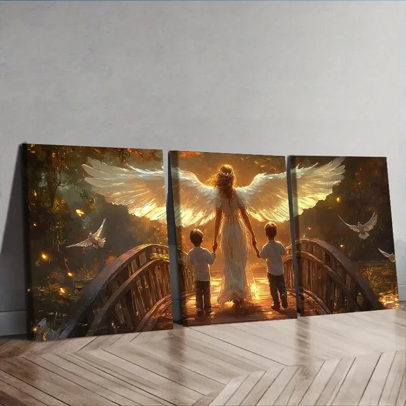 3-Piece Angel and Two Little Boys Wall Art Set - Framed Canvas 40x60cm - High Quality Print - 100% Australian Made - Ready to Hang - Perfect for Nursery, Kids Room & Home Decor