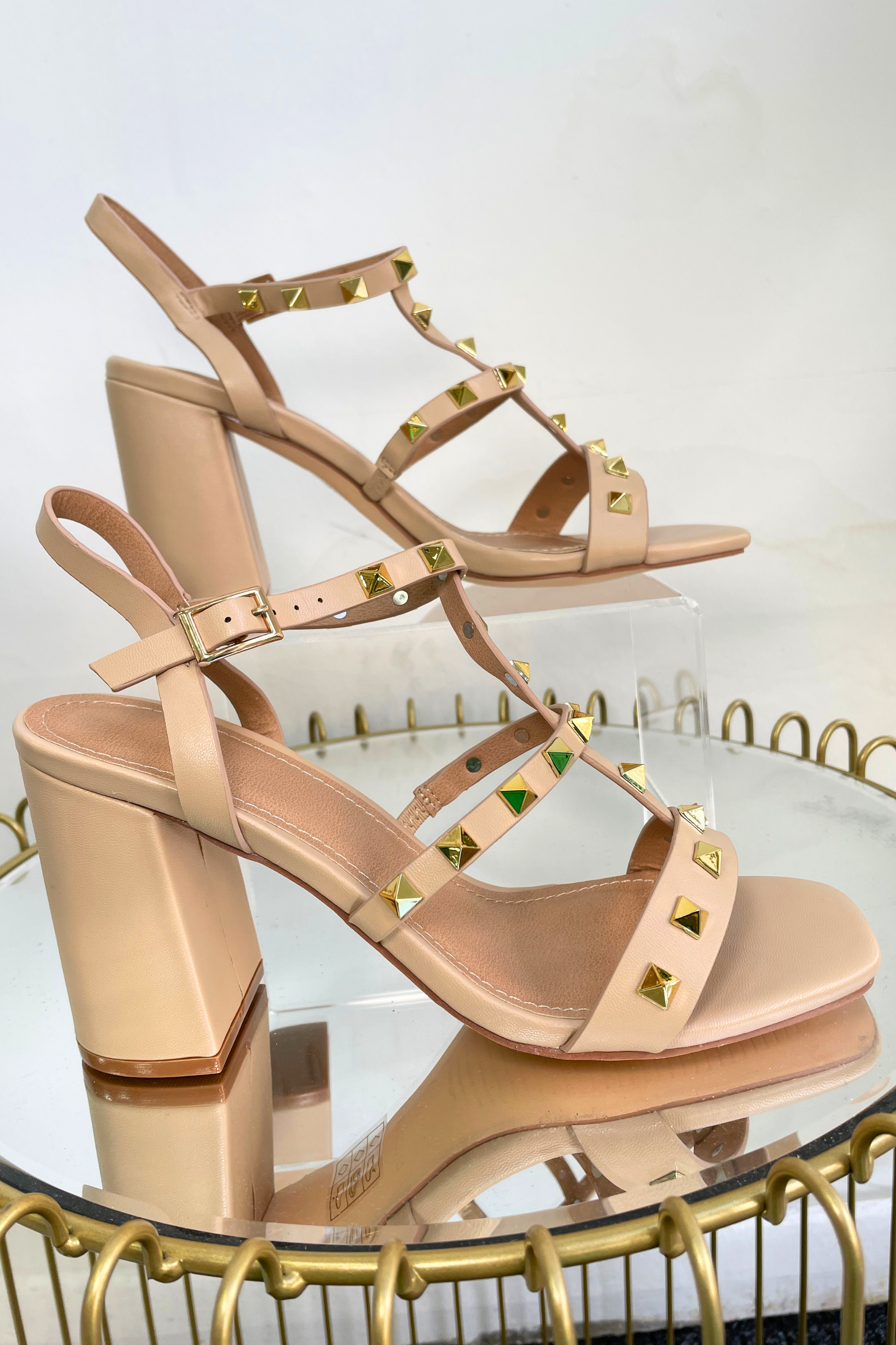 Nude Studded Block Heel Sandals for Women - Comfortable Chunky Heels with Rhinestone Decor - Perfect for Weddings, Parties & Office Wear