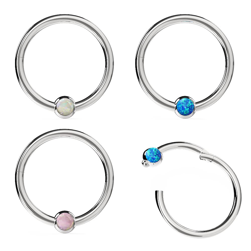 AZARIO LONDON 16G 316L Surgical Steel Hinged Segment Nose Ring with Bezel Set Opal Stone - Septum Piercing Jewelry for Women & Men - Perfect for Everyday Wear, Parties & Alternative Fashion