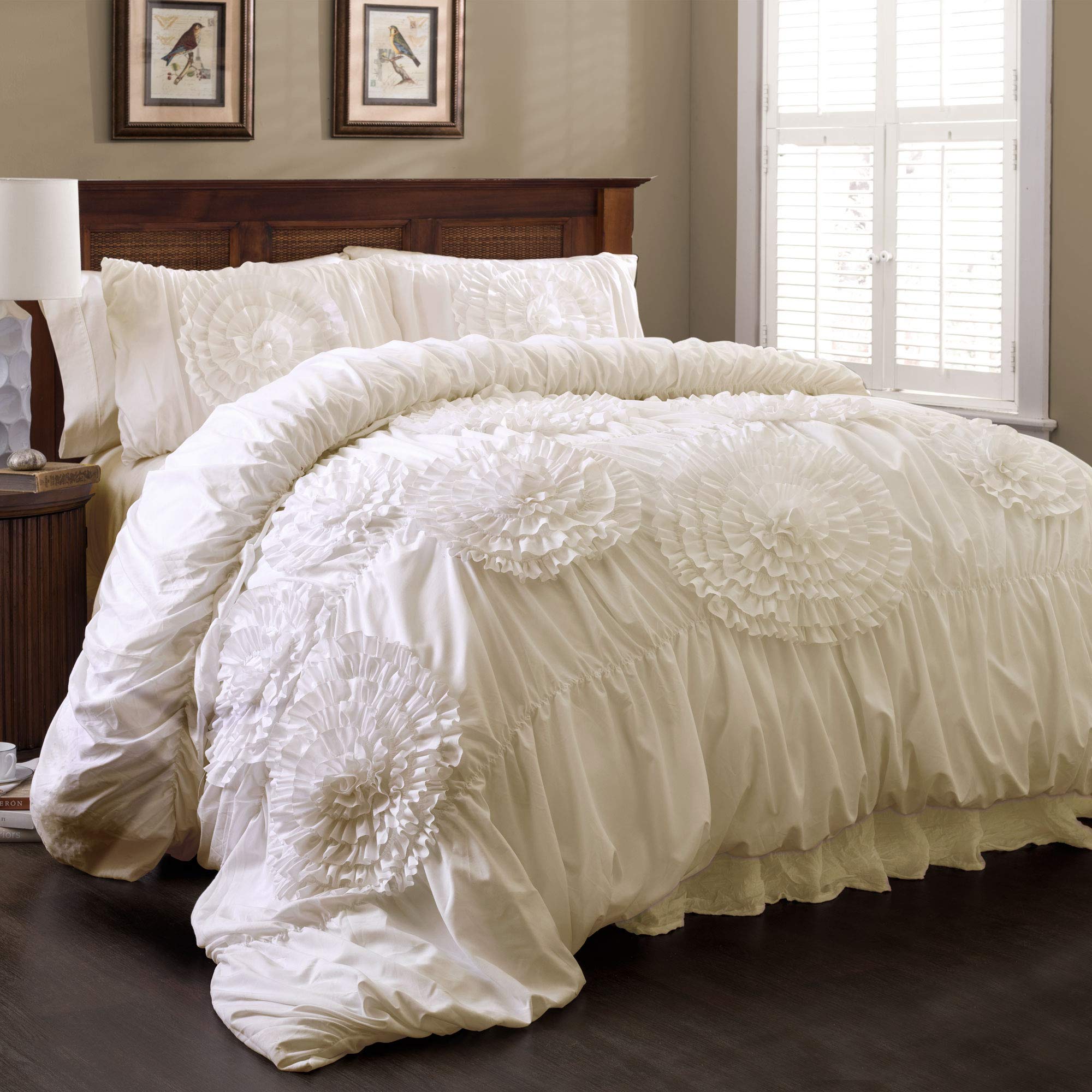 Lush Decor Serena 3-Piece King Comforter Set in Ivory - Ruched Ruffled Flower Design, Romantic Ruffle Bedding for Vintage Glam & Farmhouse Style - Perfect for Master Bedroom, Guest Room, and Cozy Home Decor