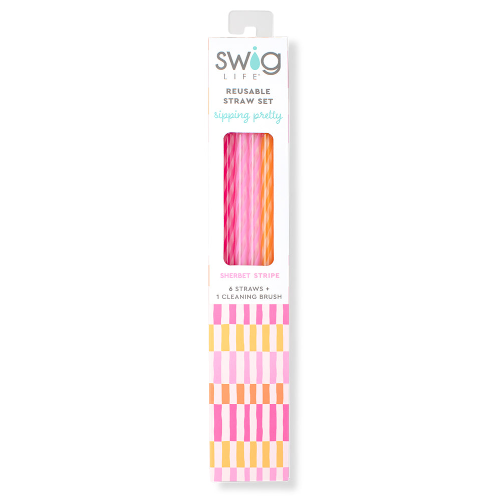Eco-Friendly Sherbet Stripe Reusable Straws - BPA Free Silicone Drinking Straws for Smoothies, Cocktails & Iced Coffee - Perfect for Home, Parties & Travel