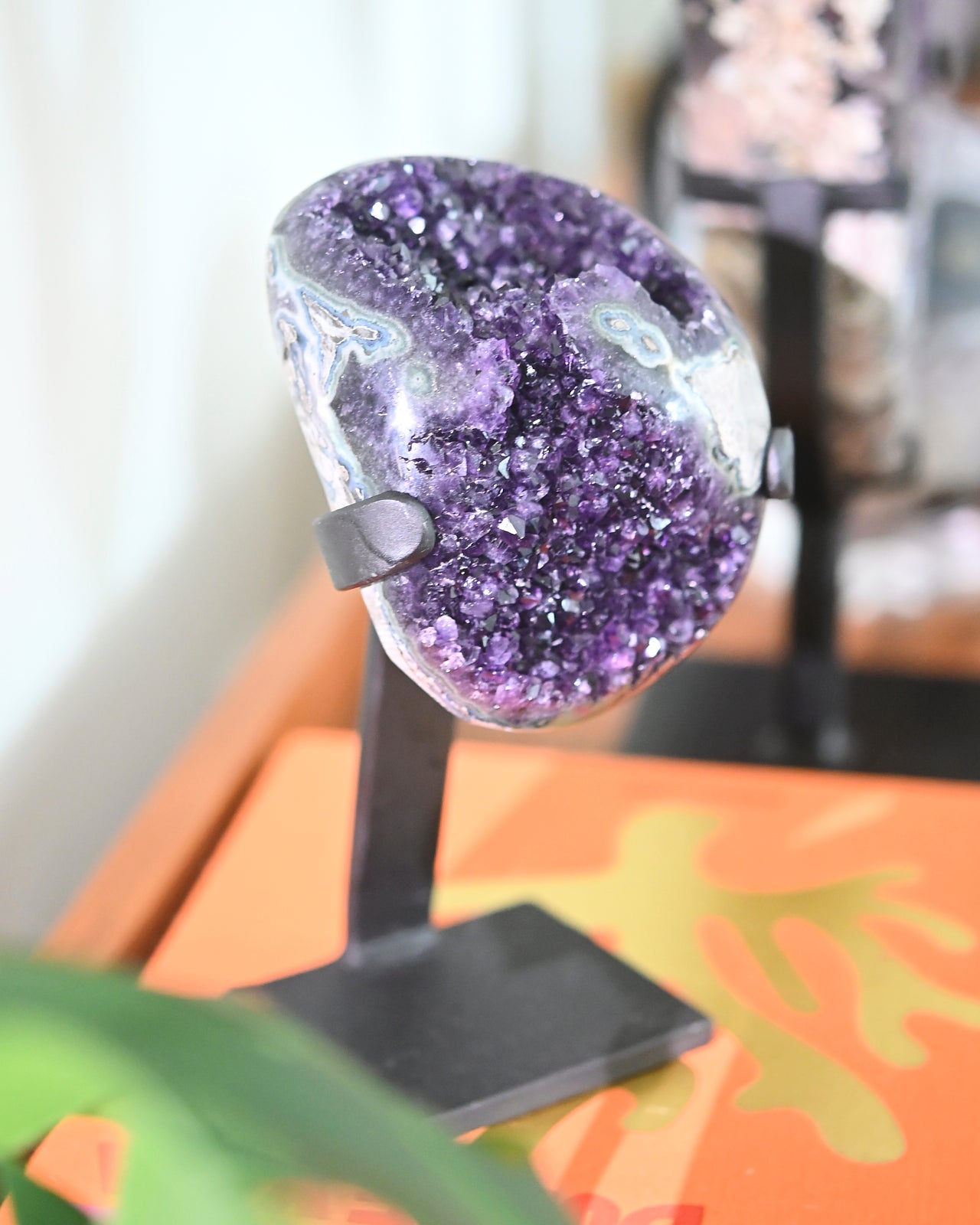Natural Amethyst Crystal Geode on Wooden Stand - 3.8lbs Healing Stone for Home Decor, Meditation & Spiritual Gifts | Perfect for Living Room, Office & Yoga Space