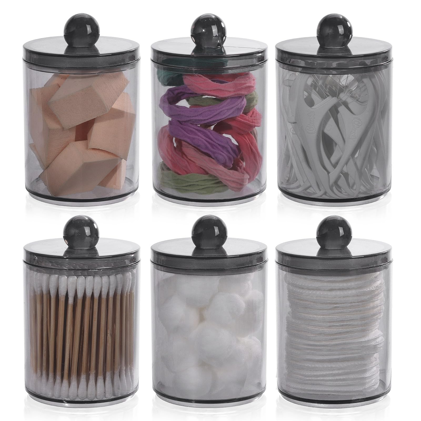 Tbestmax 6-Pack 10oz Plastic Q-Tip Holder Dispenser with Lids - Black Apothecary Jars for Cotton Balls, Cotton Swabs & Dental Floss - Bathroom Organization & Storage Solution for Countertop, Vanity & Restroom Decor