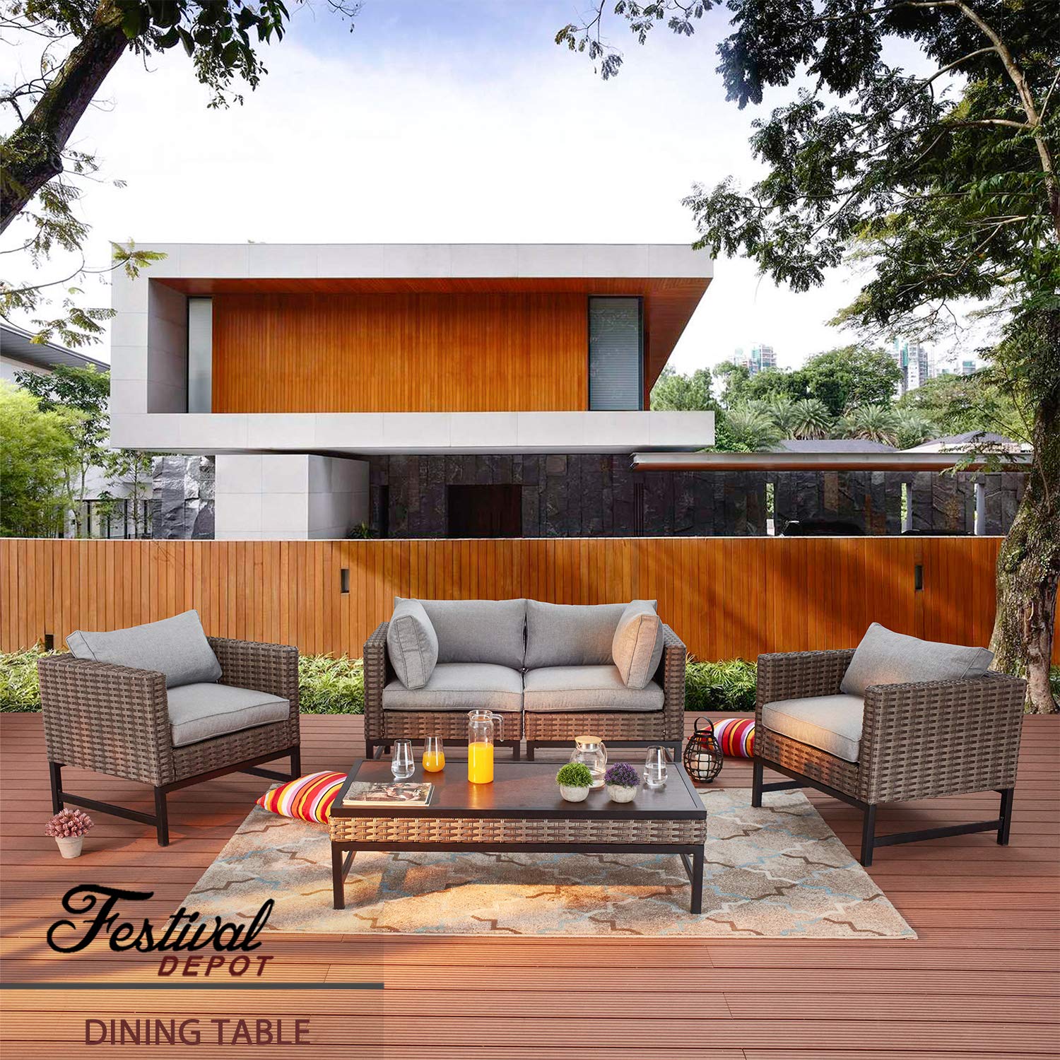 Festival Depot Metal Outdoor Side Coffee Table - Wood Grain Top Wicker Rattan Patio Furniture with Steel Legs in Brown/Black (Rectangle) - Perfect for Garden, Balcony, Living Room & Dining Area Decor