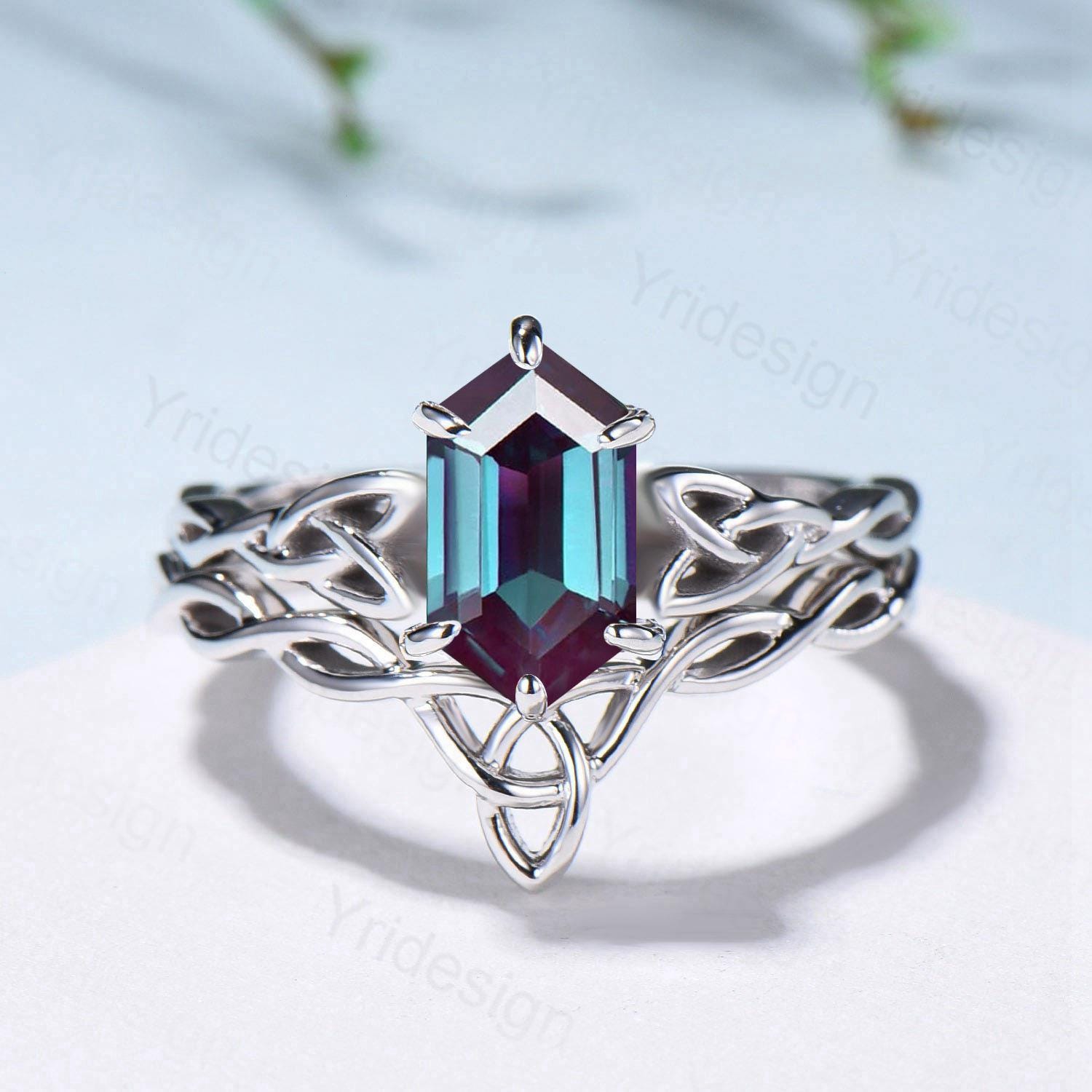 Viking Wedding Ring Set - Celtic Knot Lab Alexandrite Engagement & Wedding Band (June Birthstone) - Unique 2-Piece Twisted Bridal Jewelry Set for Norse-Inspired Weddings & Anniversary Gifts