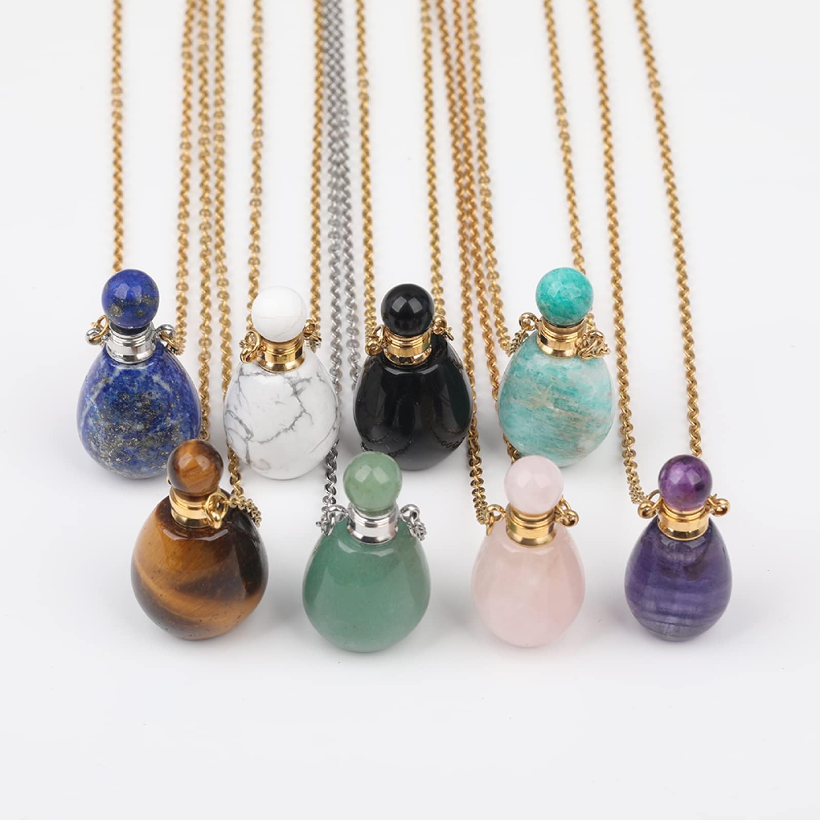 Natural Stone Perfume Bottle Pendant Necklace for Women - White Gold Plated Stainless Steel Jewelry with Aromatherapy Essential Oil Diffuser - Perfect for Daily Wear, Gifts & Meditation Accessories