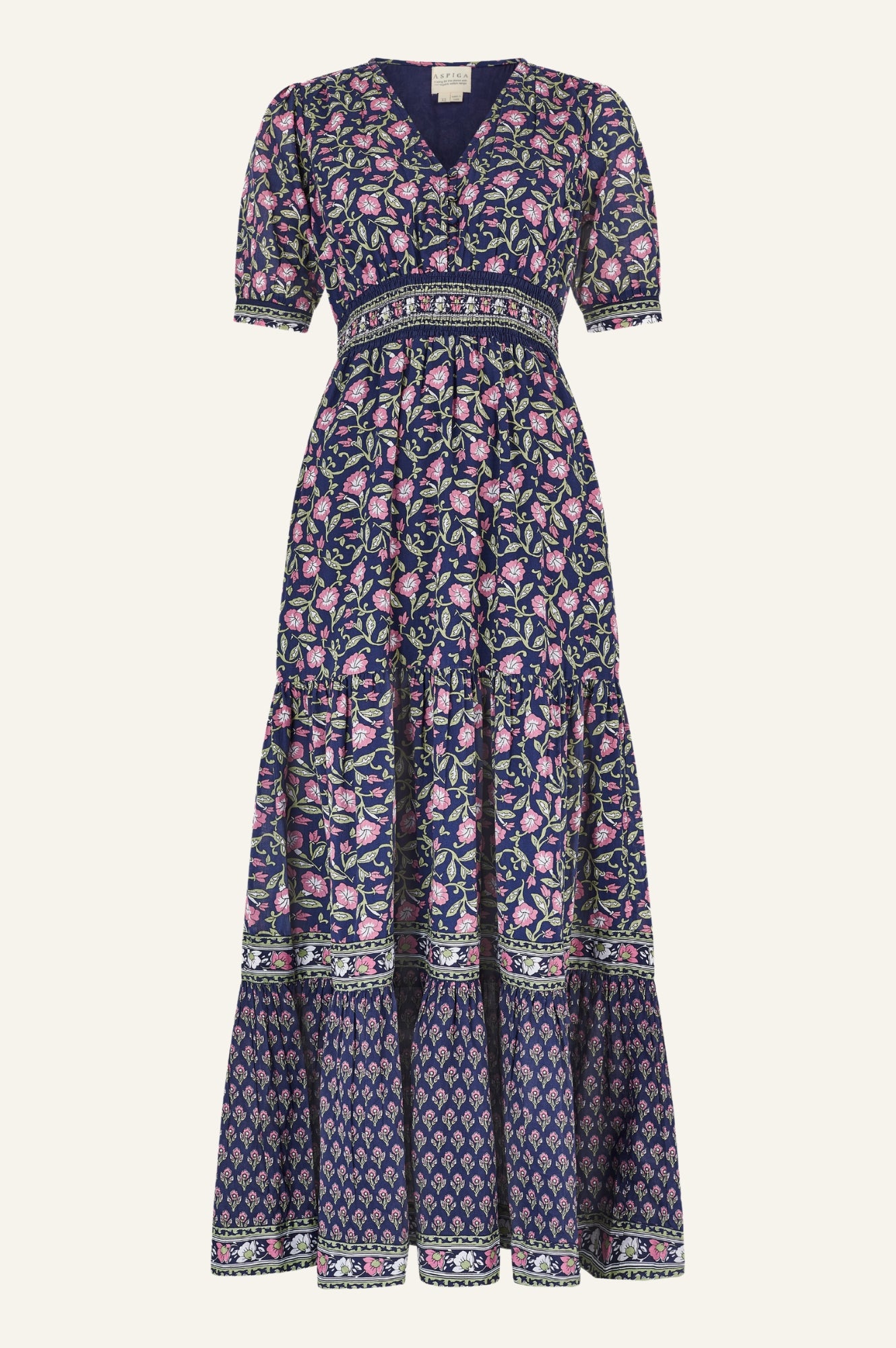Billie Short Sleeve Organic Cotton Dress - Women's Floral Print Casual Sundress | Primrose Stamp Navy/Pink | Perfect for Summer Outings, Beach Vacations & Brunch Dates