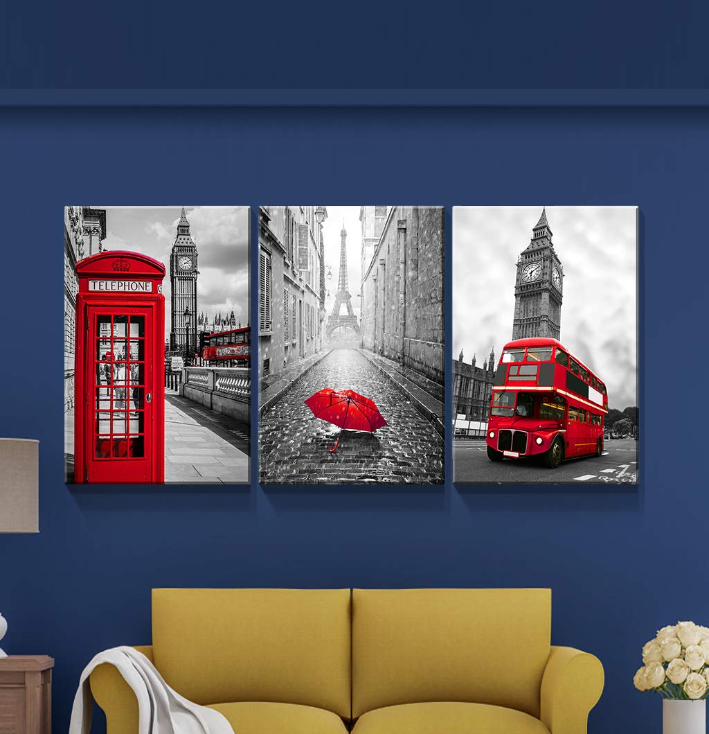 Denozer - 3 Panel Modern Black and White Urban Canvas Wall Art - Stretched & Framed Ready to Hang - 24