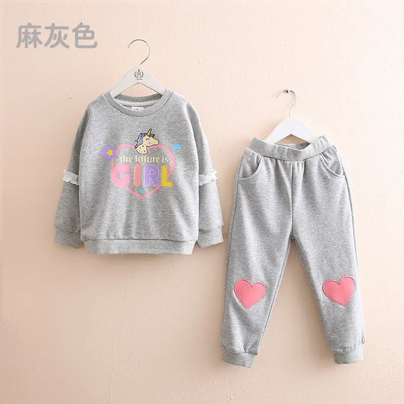 Girls Autumn Casual Sweater Suit Set - Cartoon Print Long Sleeve Round Neck Top & Love Pattern Pants 2-Piece Outfit | Perfect for School, Playdates & Family Photos