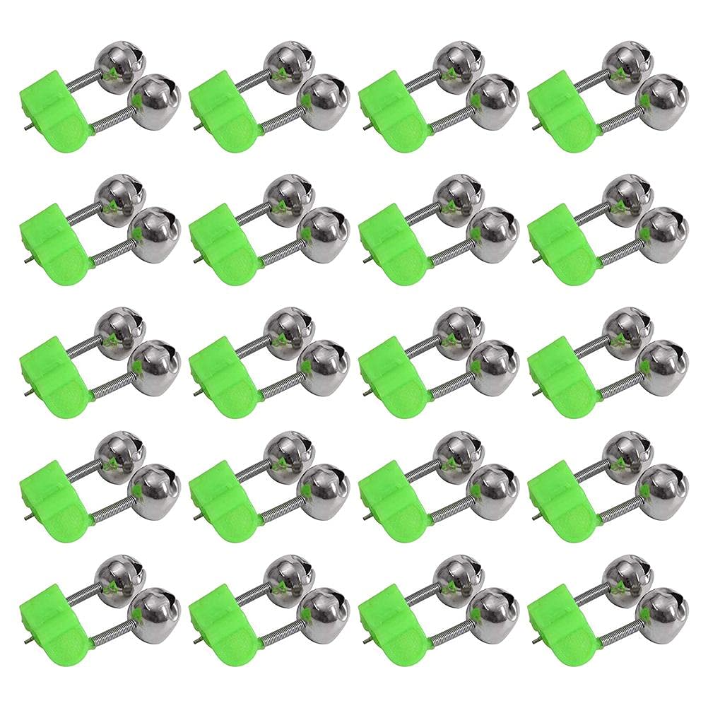 20 Pcs Fishing Rod Bells Clips - Metal Fishing Pole Alarm with Double Alert Bells (Green & Silver) - Sea Fishing Accessories for Night Fishing & Ice Fishing