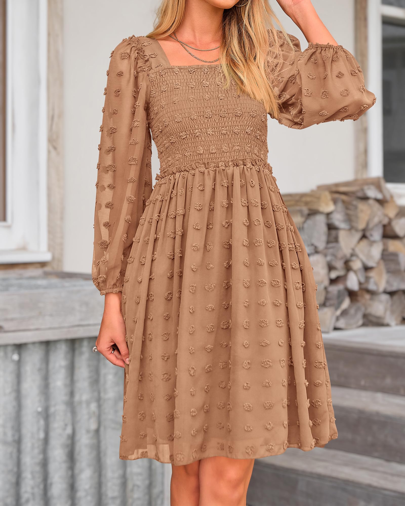BTFBM Women's Floral Swiss Dot Smocked Mini Dress - Square Neck Long Sleeve Boho Wedding Guest Dress for Spring & Summer 2025 | Perfect for Garden Parties, Bridal Showers & Date Nights