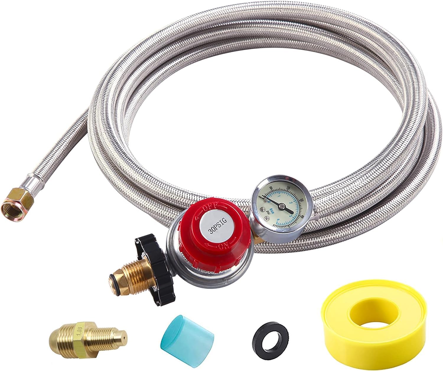 10FT High Pressure Propane Regulator with Hose - Adjustable 0-30 PSI Gas Regulator with Gauge, Stainless Steel Braided Hose for 5-100LB POL Tanks - Perfect for Fire Pits, Burners, Heaters, Fryers, Smokers & Griddles - Heavy Duty Outdoor Cooking & Heating Equipment